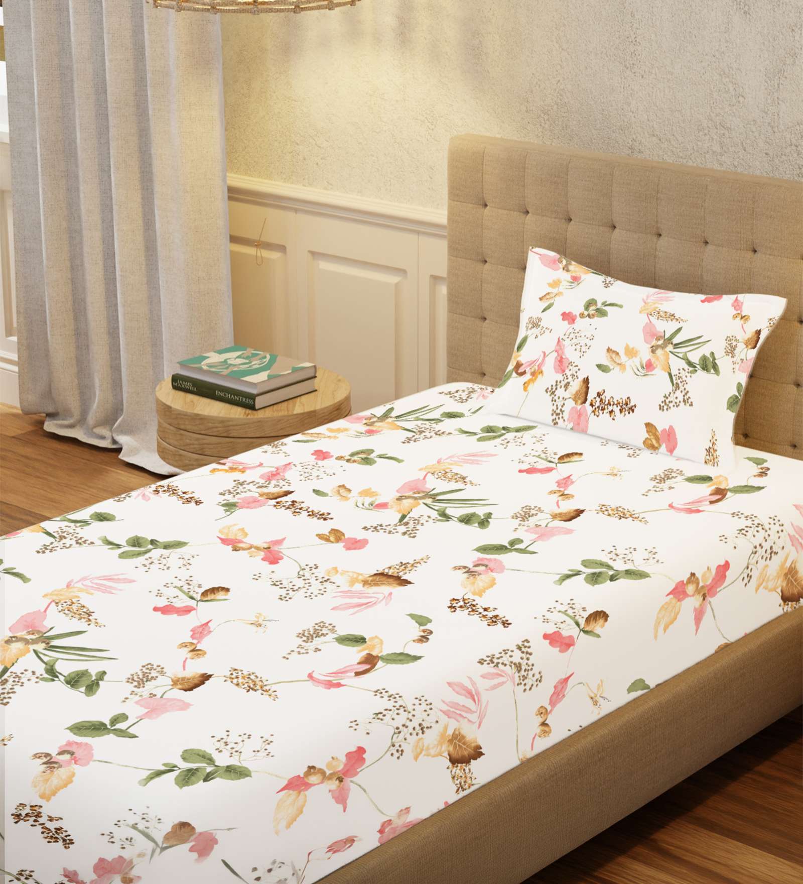 Peach Floral 200 TC Cotton Single Bedsheet with 1 Pillow Cover