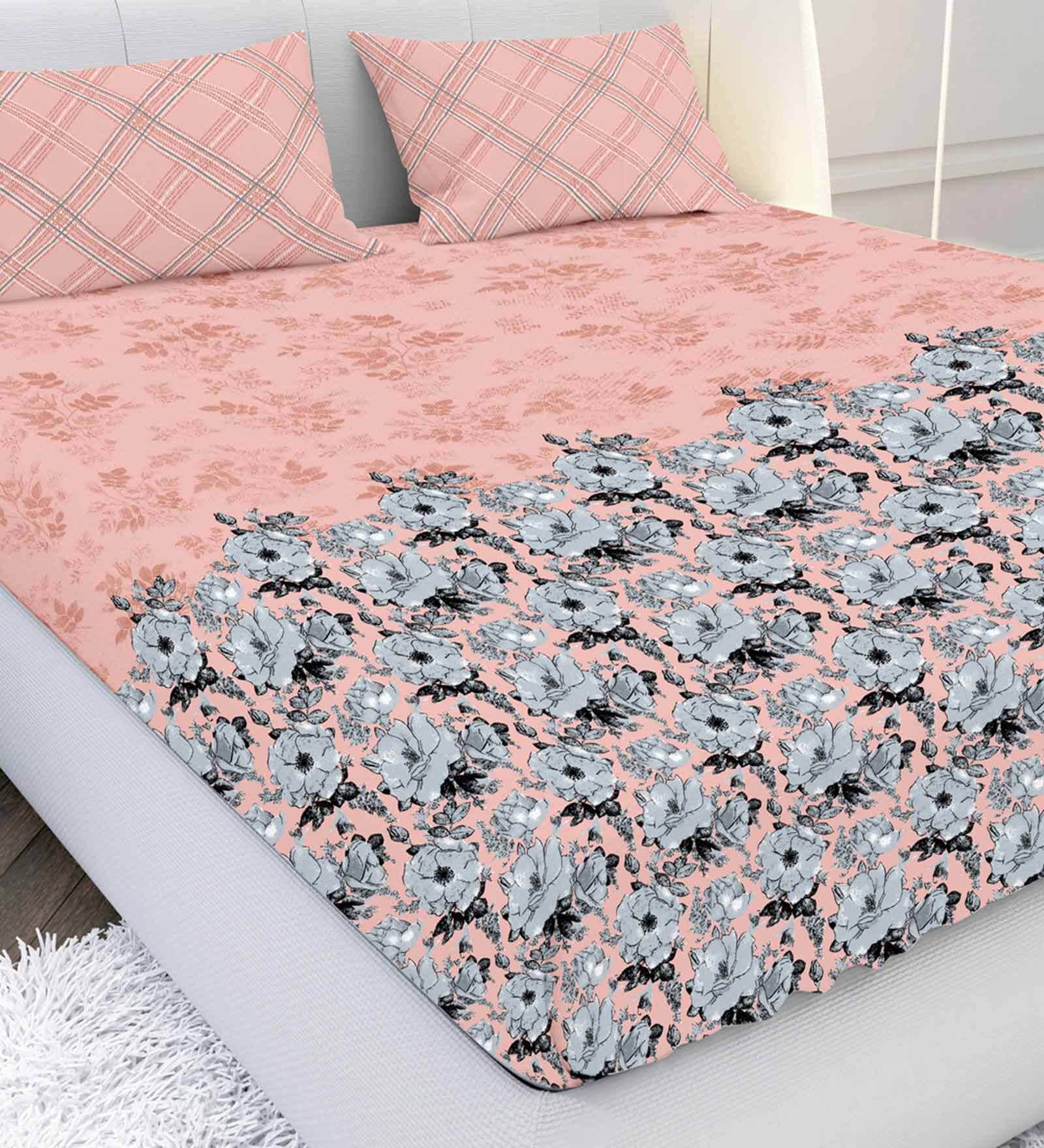 Buy Peach Floral 210 TC Cotton King Bedsheet With 2 Pillow covers