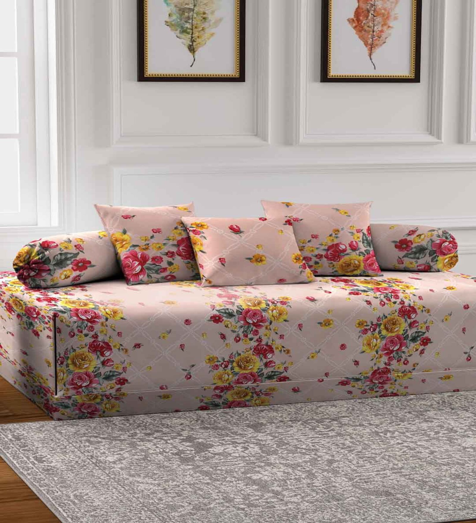Peach Floral 210 TC Poly Cotton (Set of 6) Diwan Sets