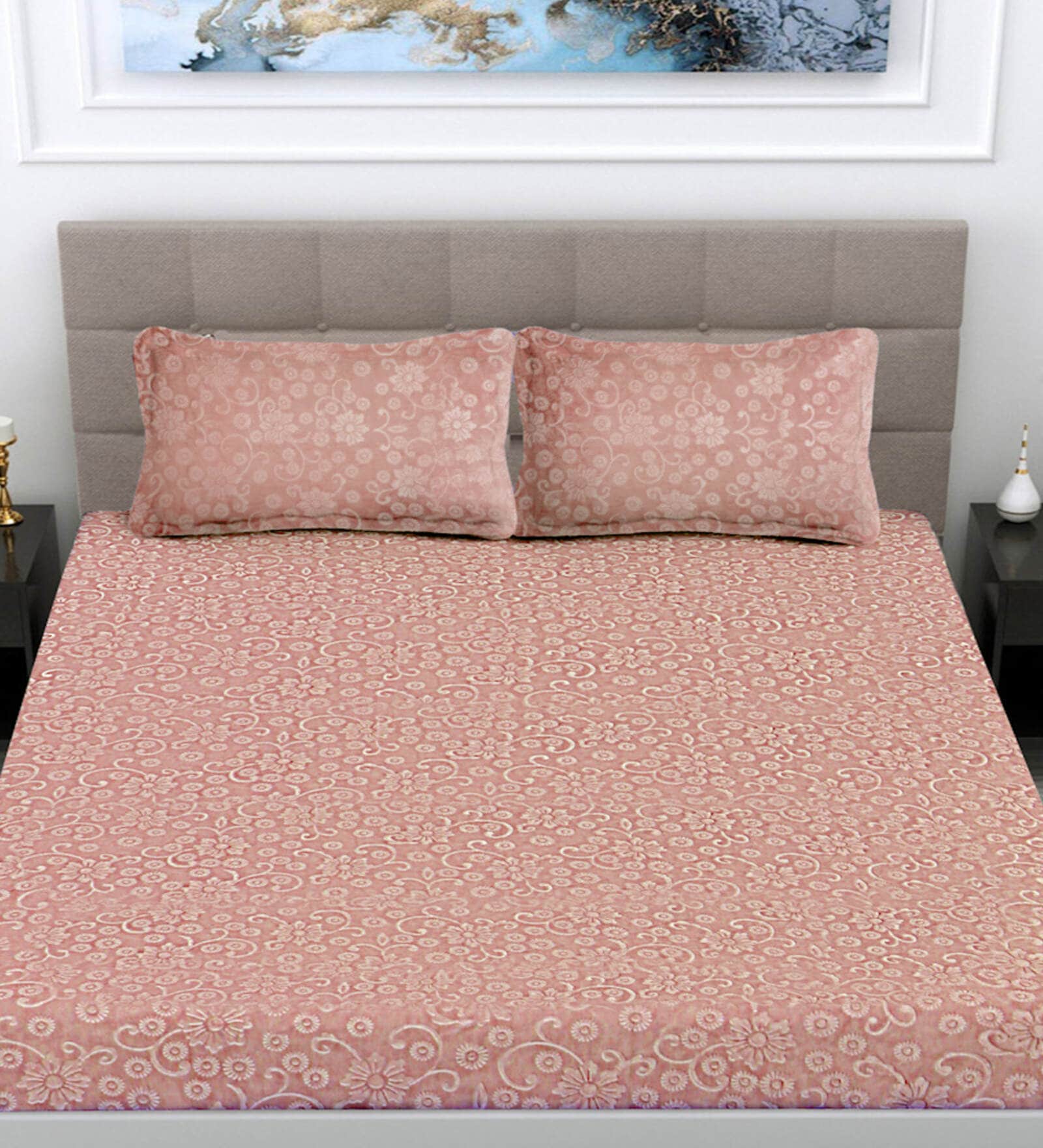 Peach Floral 300 TC Woollen Fitted Double Bedsheet with 2 Pillow Covers