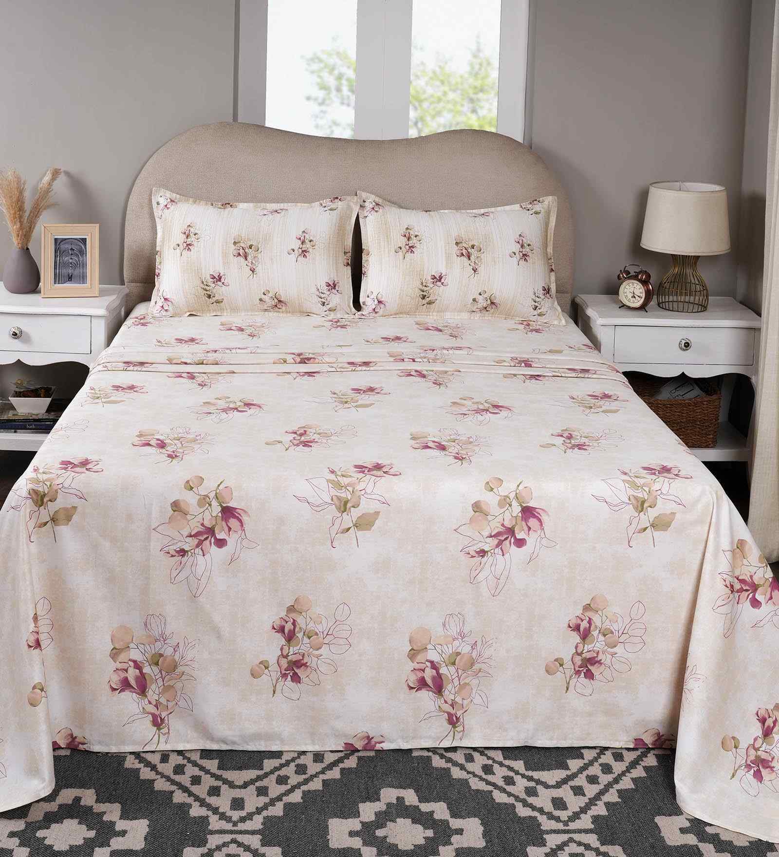 Peach Floral Print 300 TC Cotton Double Bed Sheet with 2 Pillow Covers Sensory Bloom Collection