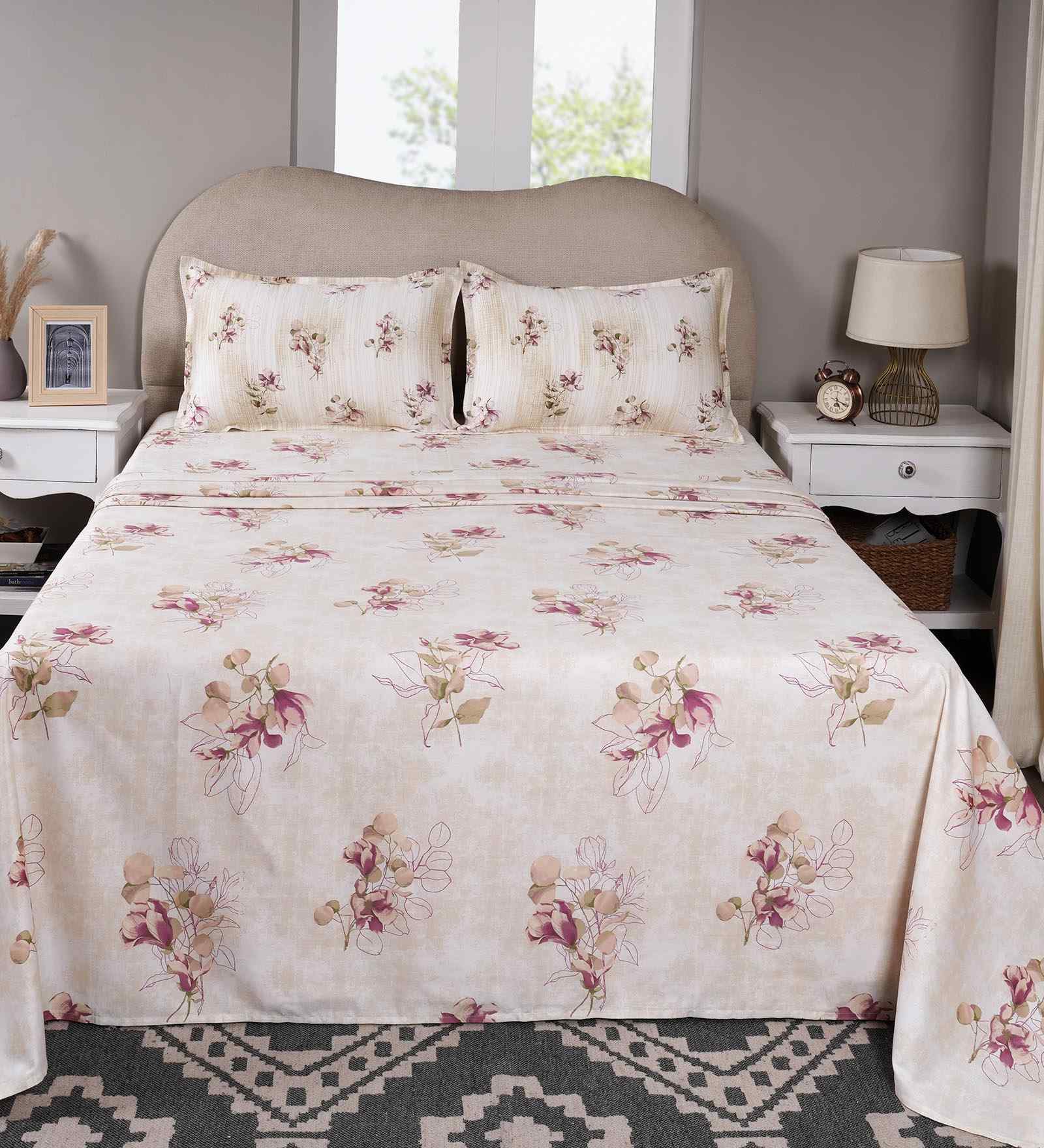 Peach Floral Print 300 TC Cotton Single Bed Sheet with 1 Pillow Cover Sensory Bloom Collection