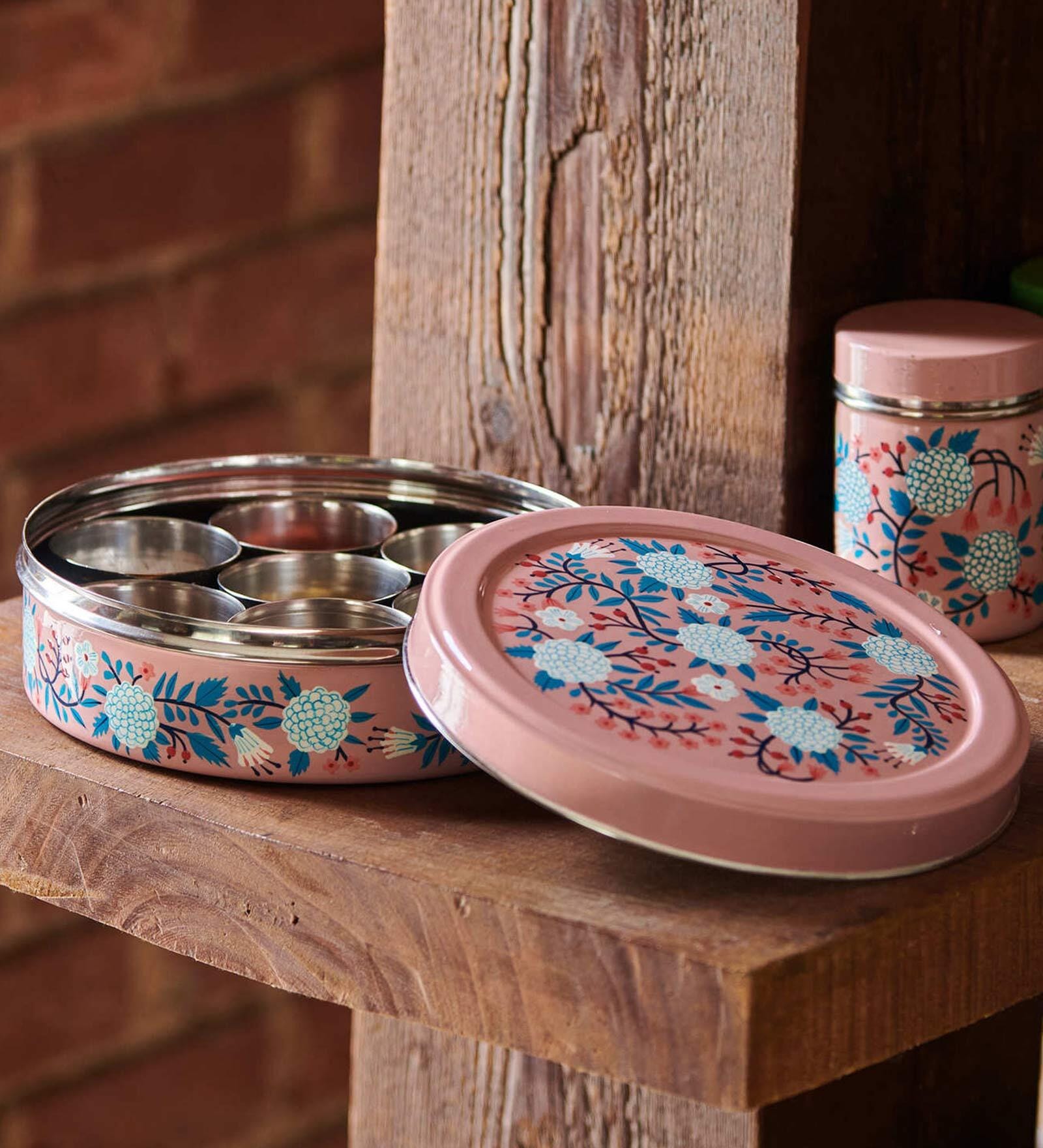 Peach Floral Steel Spice Box