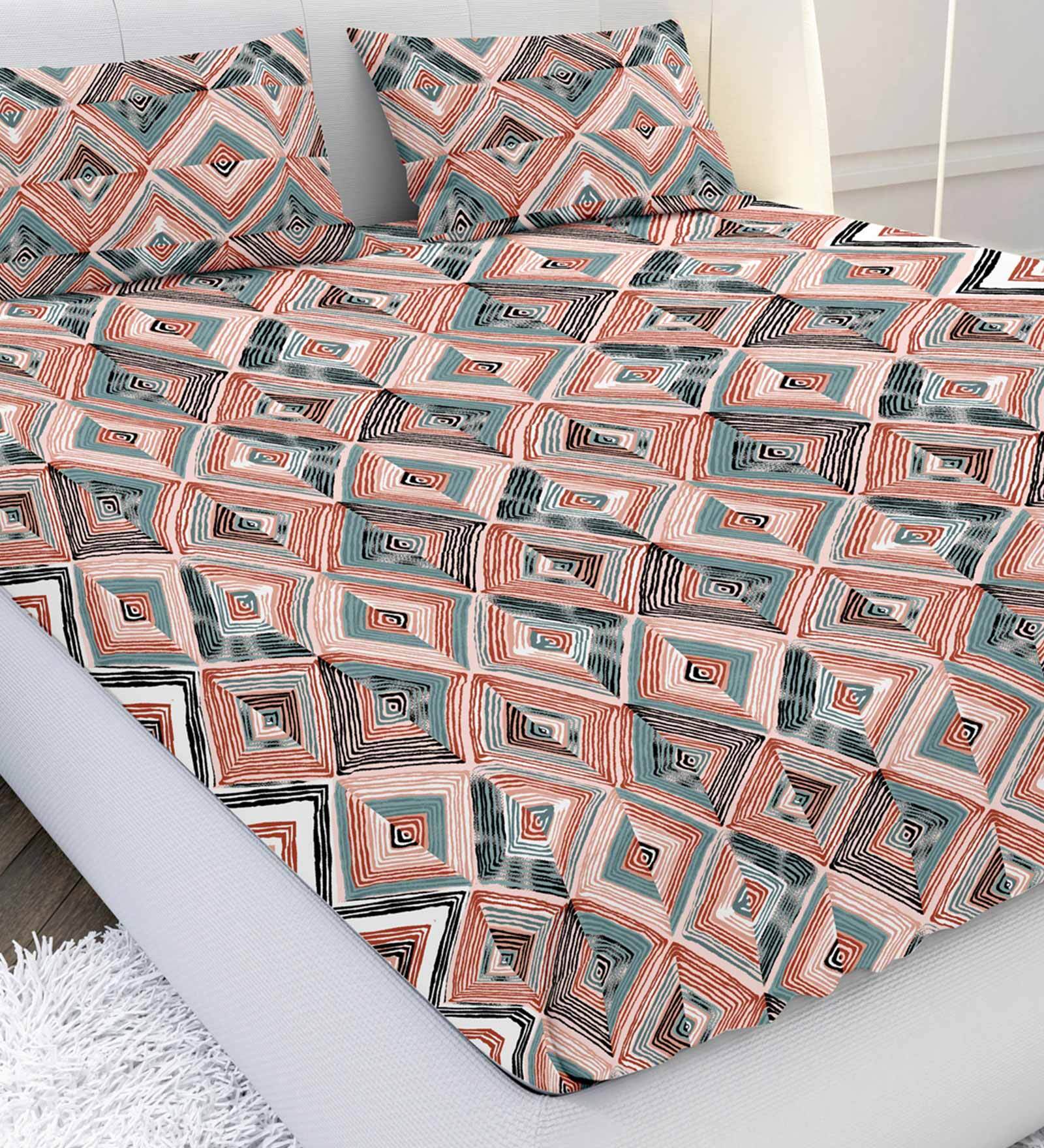 Peach Geometric 210 TC Cotton Satin King Bedsheet with 2 Pillow Covers Artonic Collection