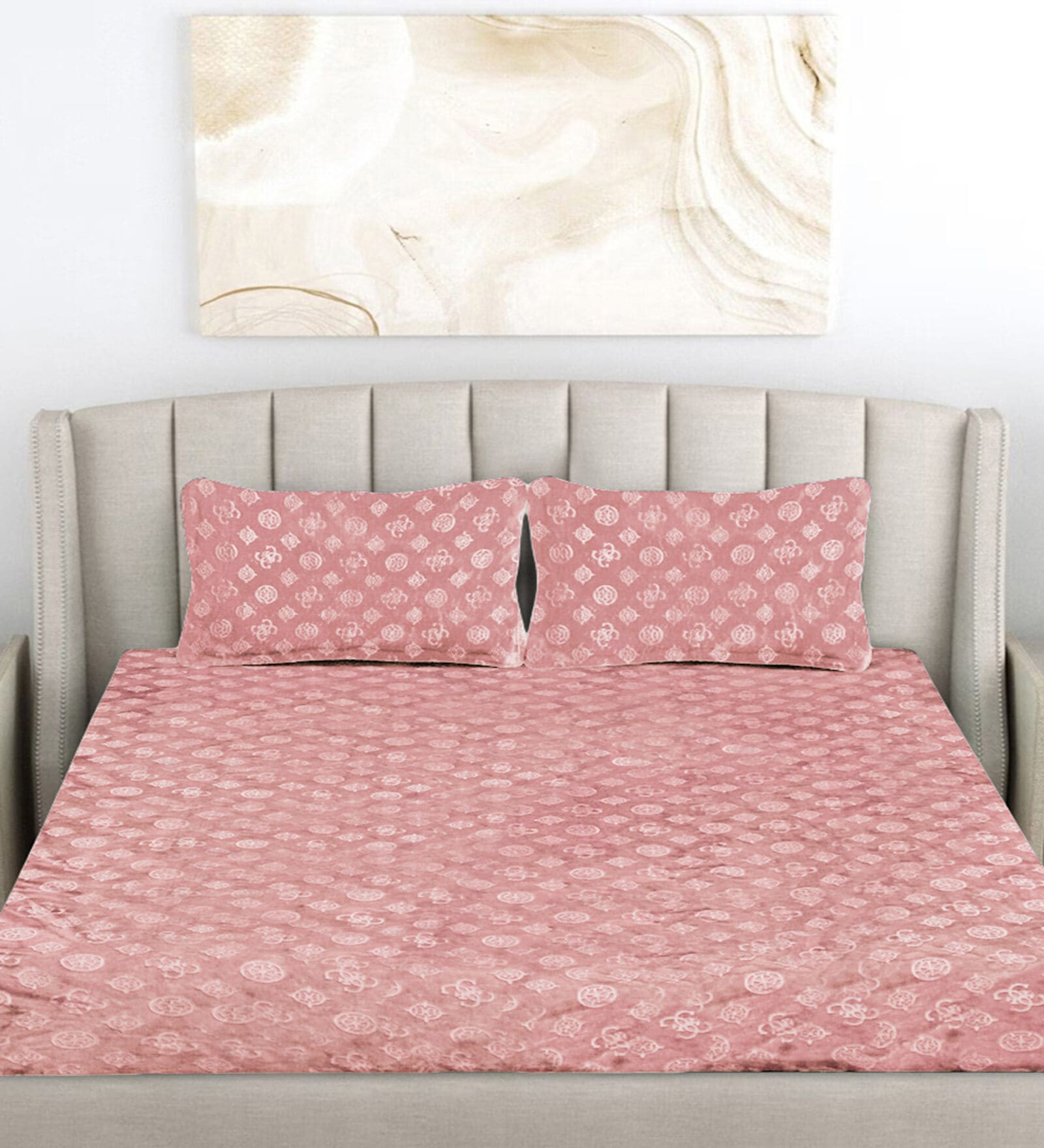 Buy Peach Geometric 300 TC Woollen Woollen Flat Double Bedsheet with 2