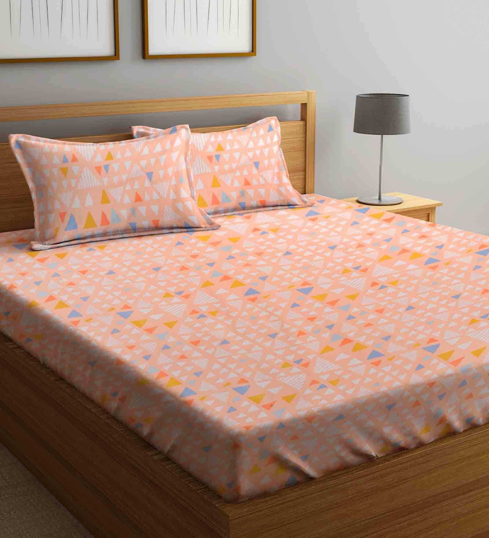 Buy Peach Geometric 210 Tc Poly Cotton King Sized Bed Sheets With 2