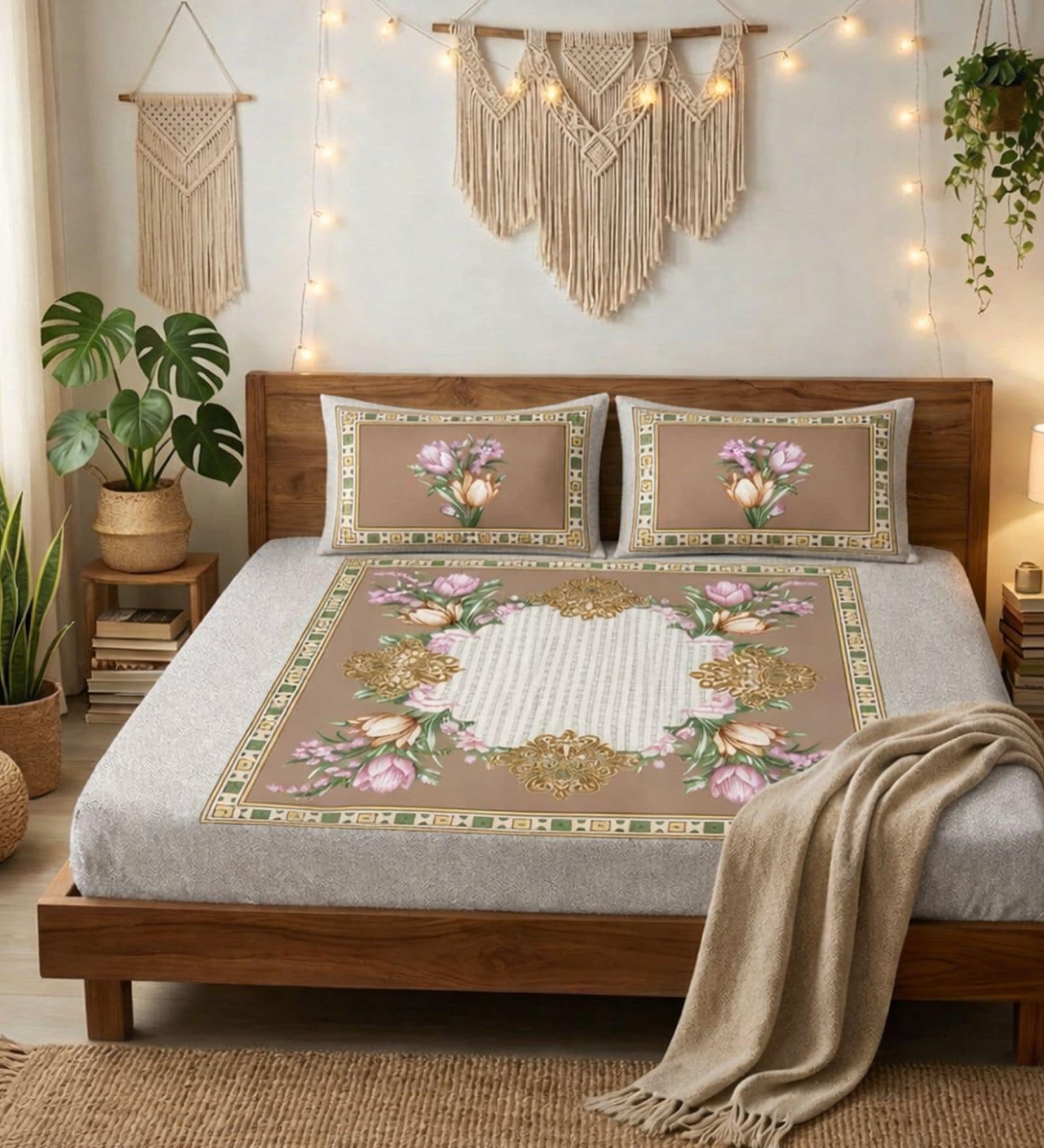 Peach Panel Design 180 TC Cotton King Bedhseet 2 pillow covers