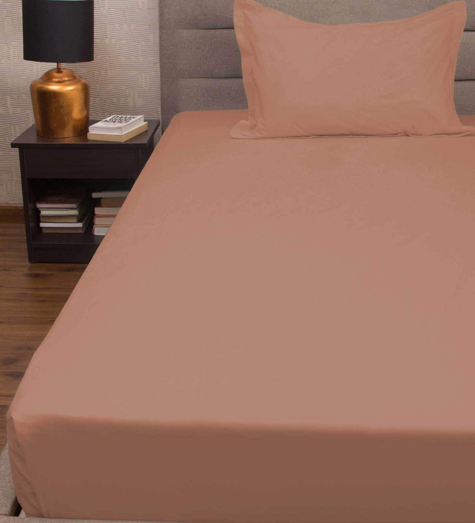 Peach Solid 300 TC 100% Cotton Single Bed Sized Bed Sheets With 1 Pillow Cover