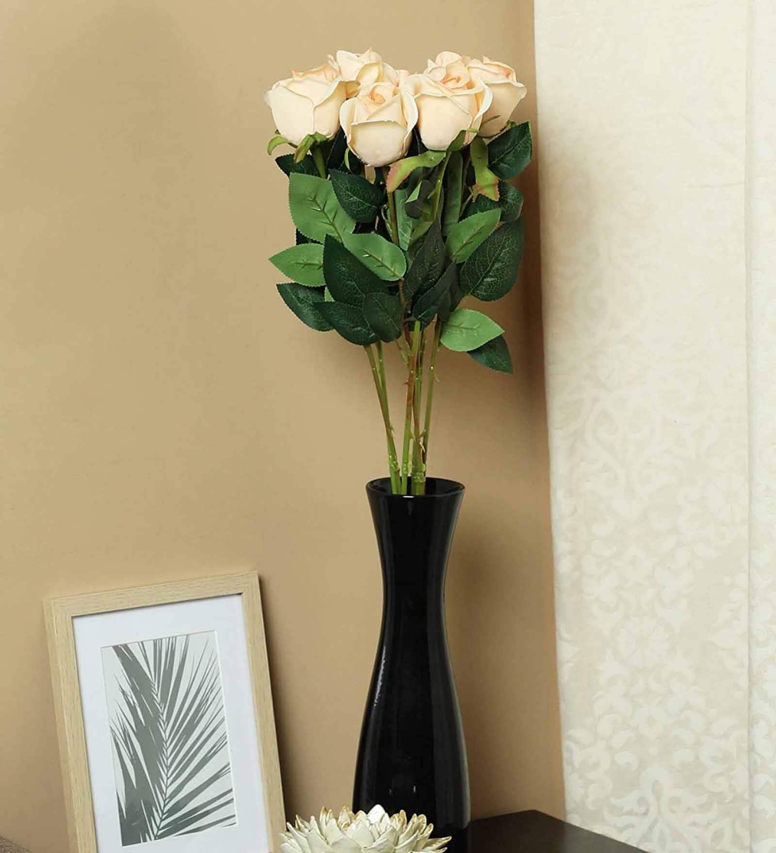 Peach Polyester Artificial Rose Flower Set of 7 Without Pot