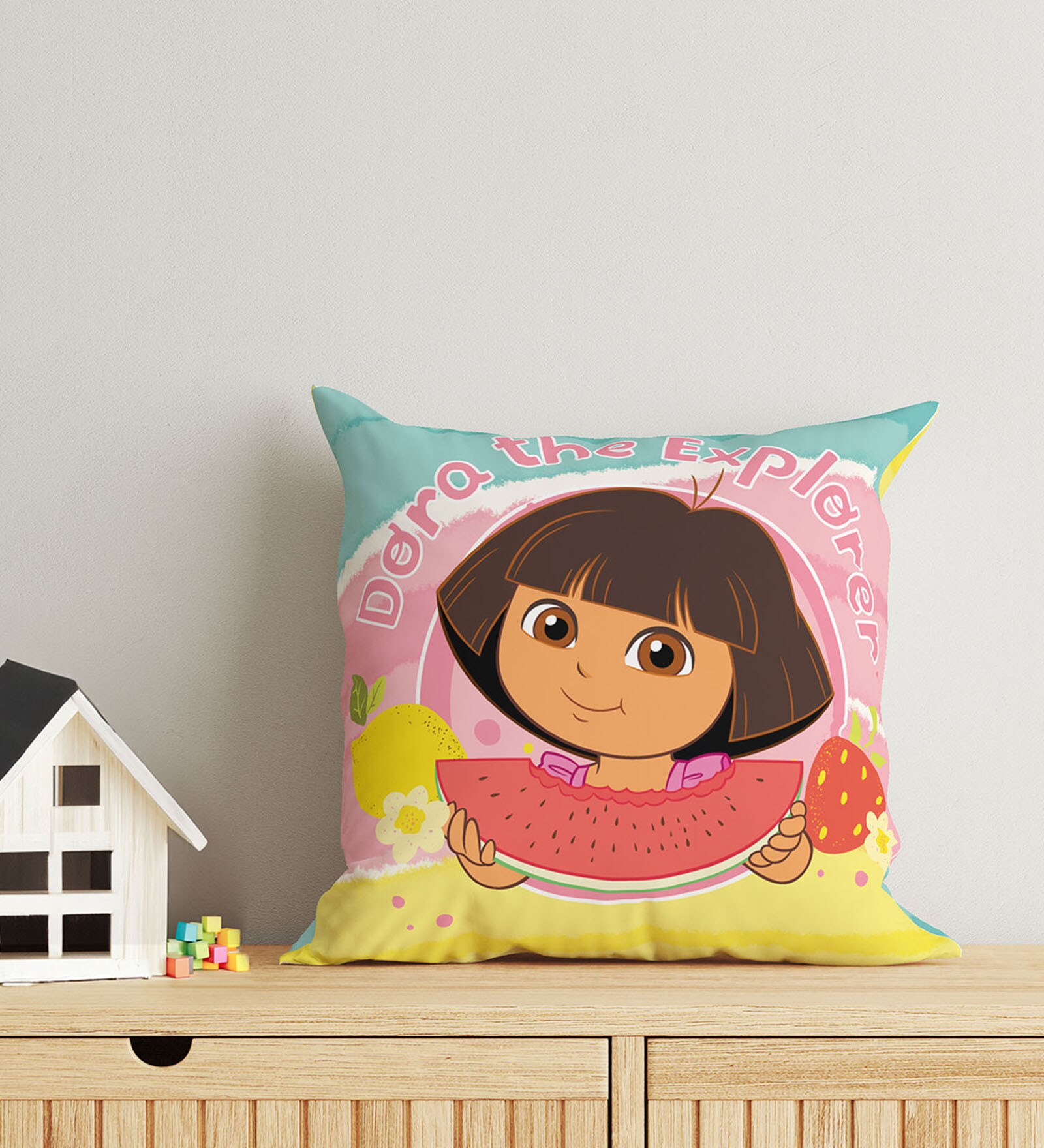 Peach Polyester Dora 16x16 inches Reversible Kids Cushion (1 Pc)