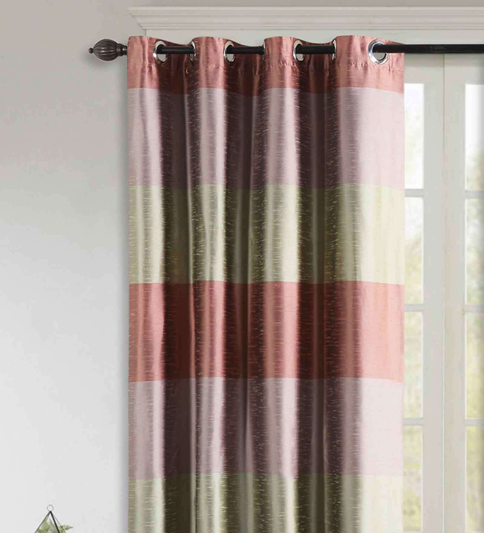 Buy Peach Striped Polyester 8 Ft Blackout Eyelet Door Curtains (Set of
