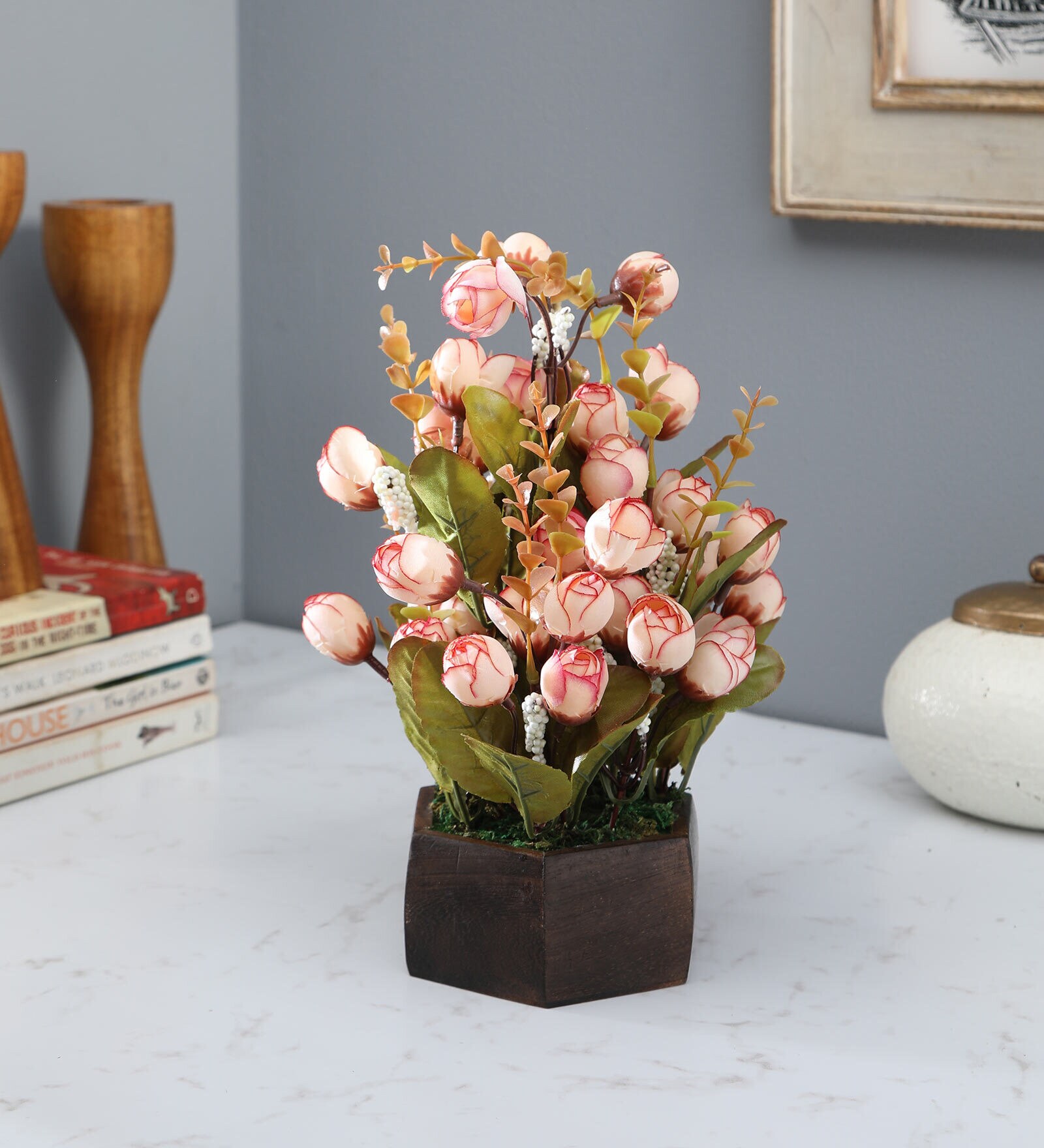 Buy Peach Polyster Mini Rose Flower Artificial Plant With Wooden Pot at ...
