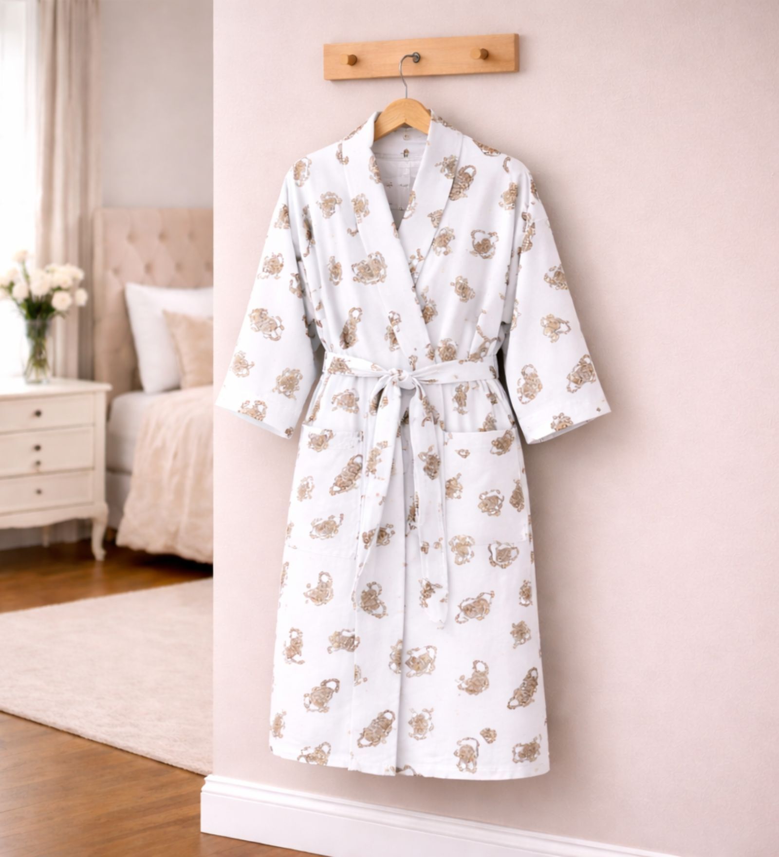 Peach Printed Cotton Men Bath Robe With Belt (XL)