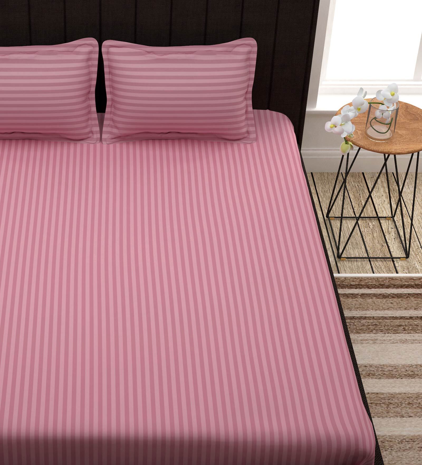 Buy Peach Satin Stripes 300 Tc 100 Cotton King Bedsheet With 2 Pillow