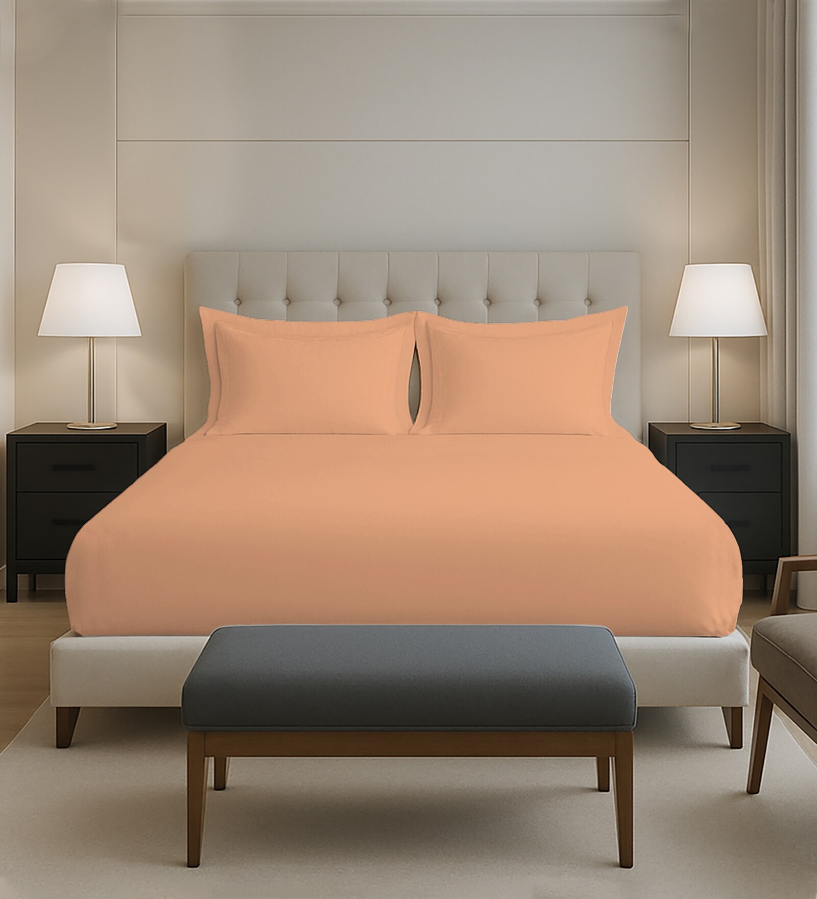 Peach Solid 400 TC Cotton Queen Sized Fitted sheet with 2 Pillow Covers