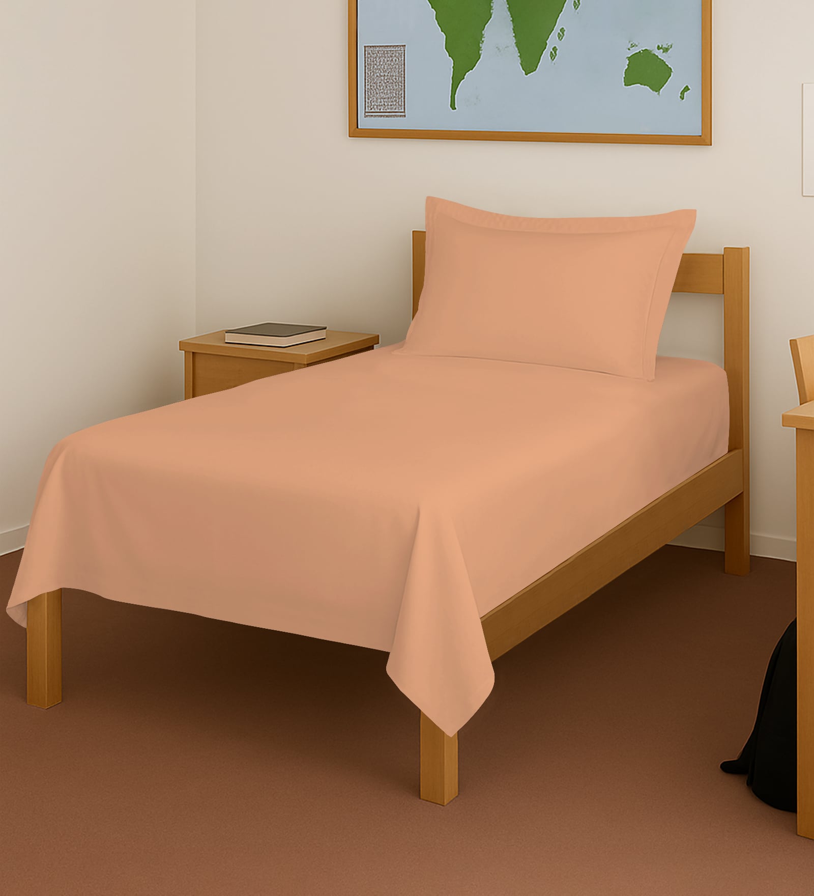Peach Solid 400 TC Cotton Single Sized Bedsheet with 1 Pillow Cover