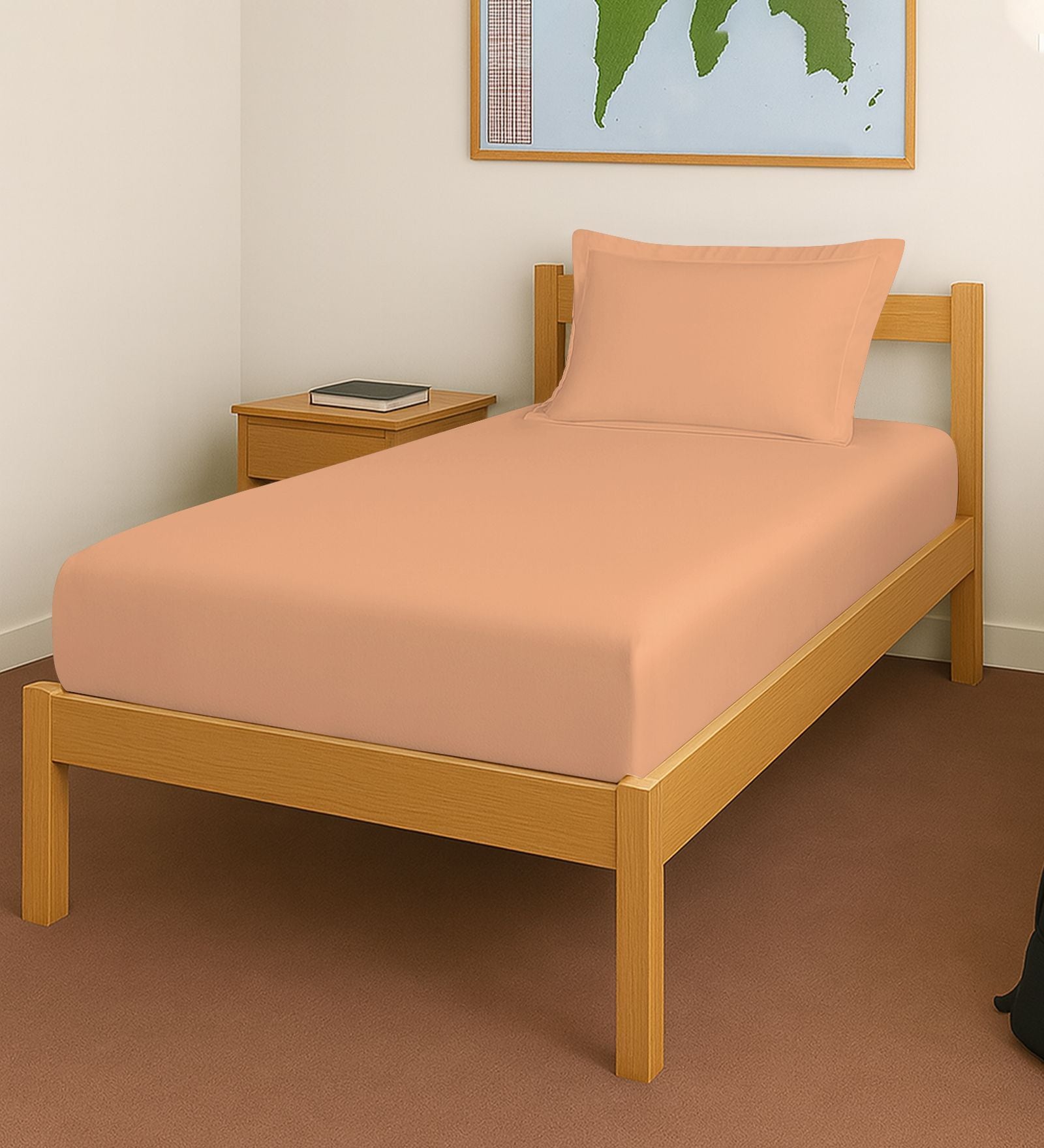 Peach Solid 400 TC Cotton Single Sized Fitted sheet with 1 Pillow Cover
