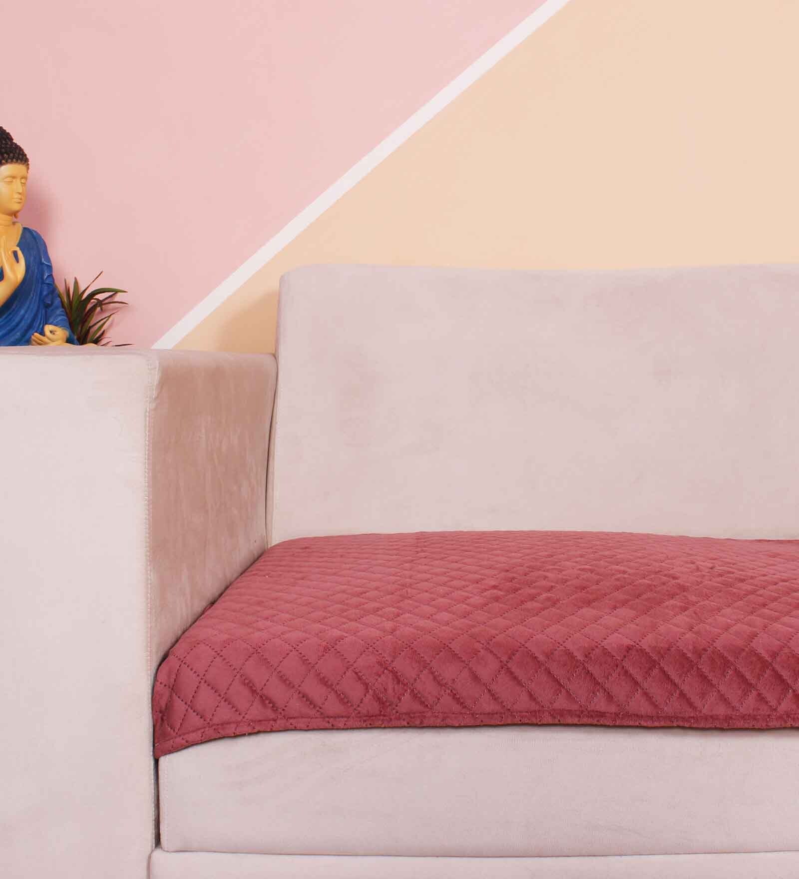 Peach Solid Velvet 1 Seater Quilted Sofa Cover (Protector)
