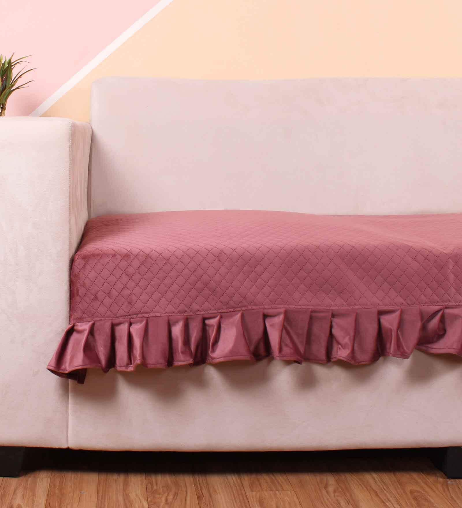 Peach Solid Velvet 1 Seater Quilted Sofa Cover (Protector) with Frill