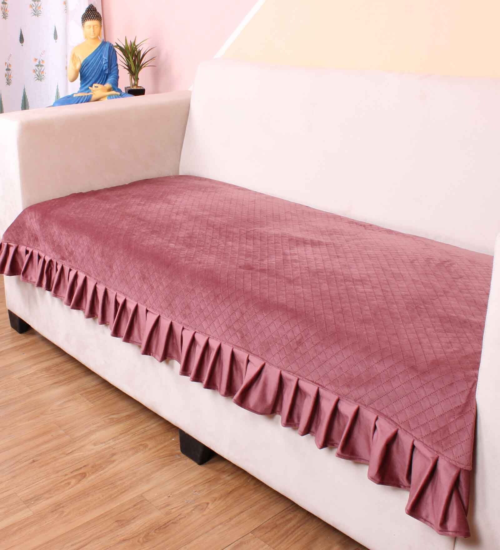 Peach Solid Velvet 2 Seater Quilted Sofa Cover (Protector) with Frill