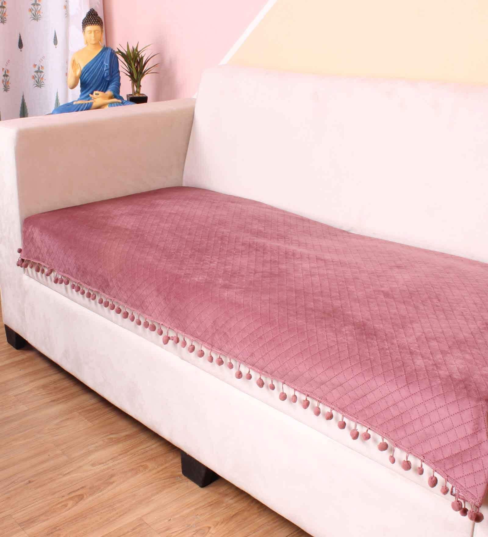 Peach Solid Velvet 2 Seater Quilted Sofa Cover (Protector) with Pompom