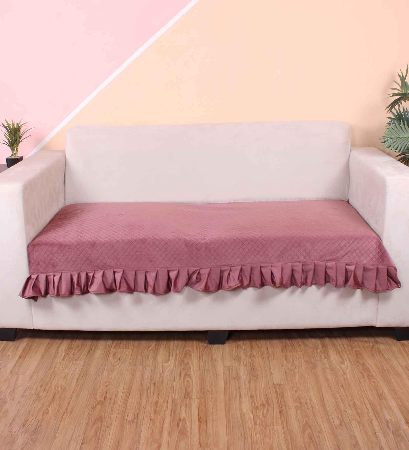 Peach Solid Velvet 3 Seater Quilted Sofa Cover (Protector) with Frill