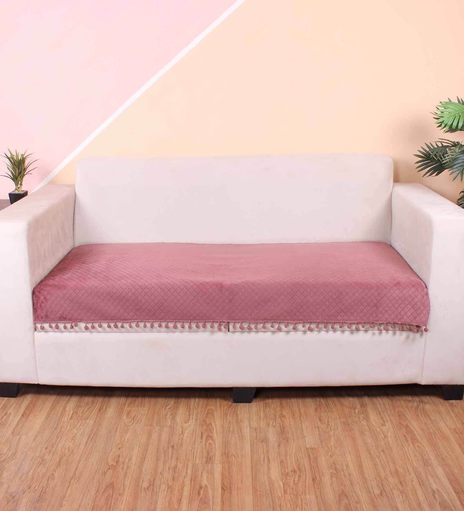 Peach Solid Velvet 3 Seater Quilted Sofa Cover (Protector) with Pompom