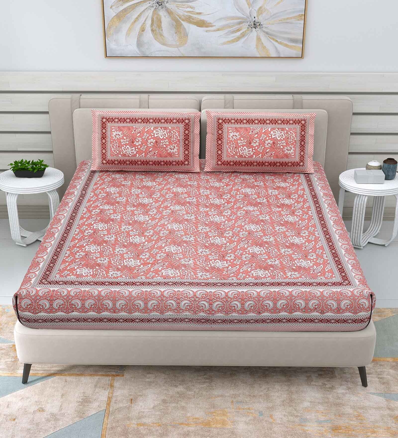 Buy Peach Traditional 144 Tc Cotton Double Queen Bedsheet With 2 Pillow