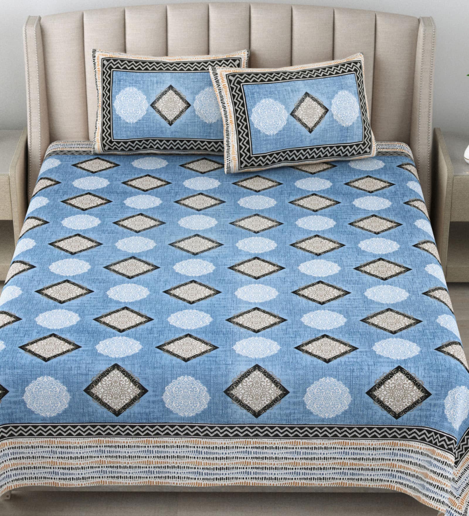 Peach Traditional 180 TC Cotton Printed Bedsheet With Two Pillow Covers For Queen Bed (Block  Printed ,Peach ,153 GSM)