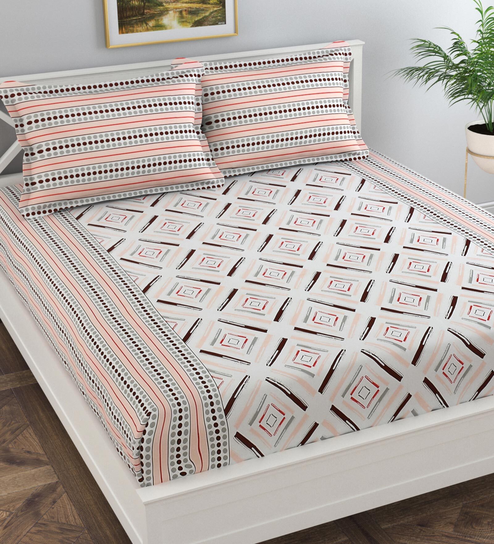 Buy Peach Geometric 180 TC Cotton Queen Sized Bed Sheets with 2 Pillow