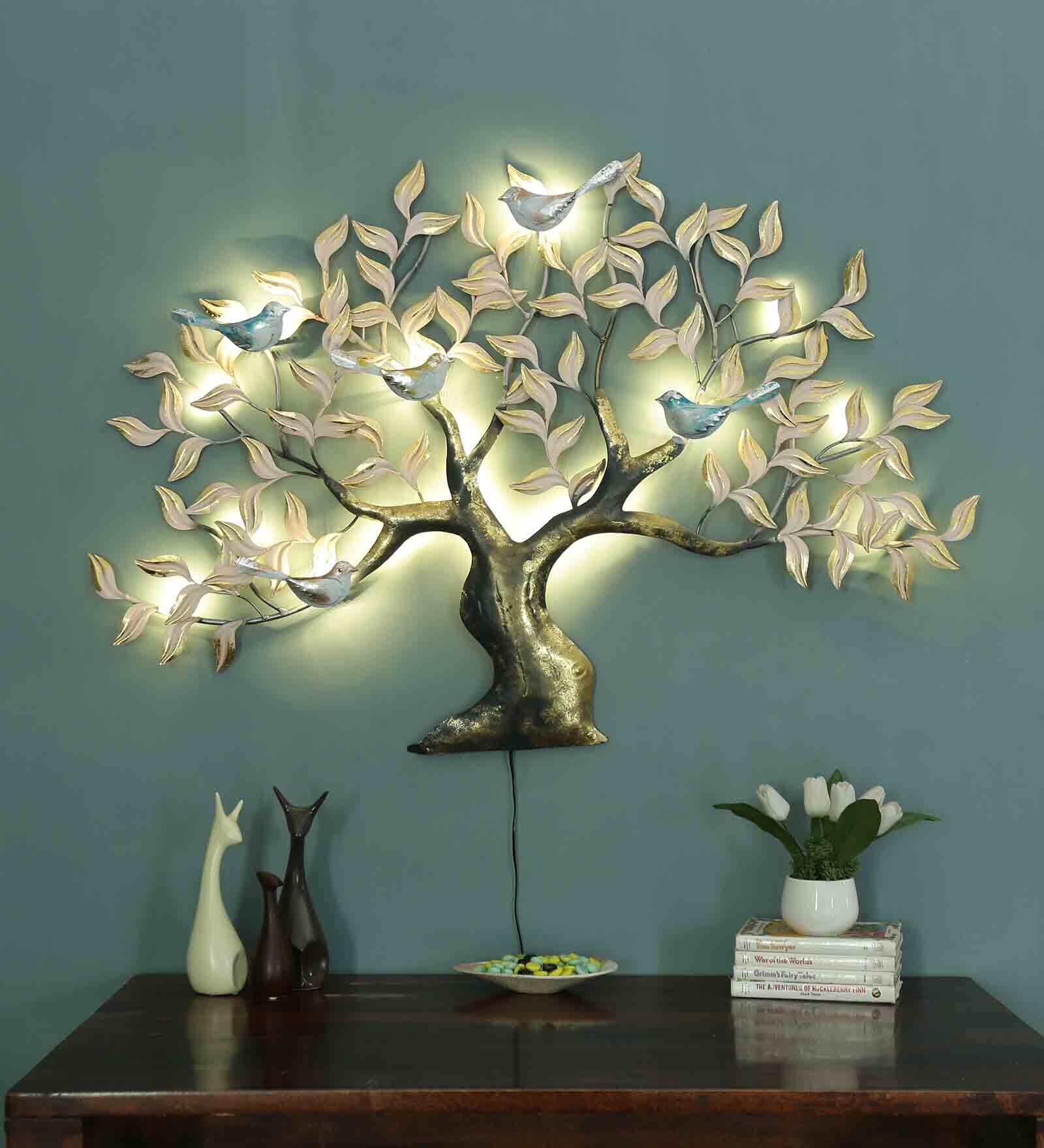 Antar Iron Decorative Tree Wall Art With LED In Gold