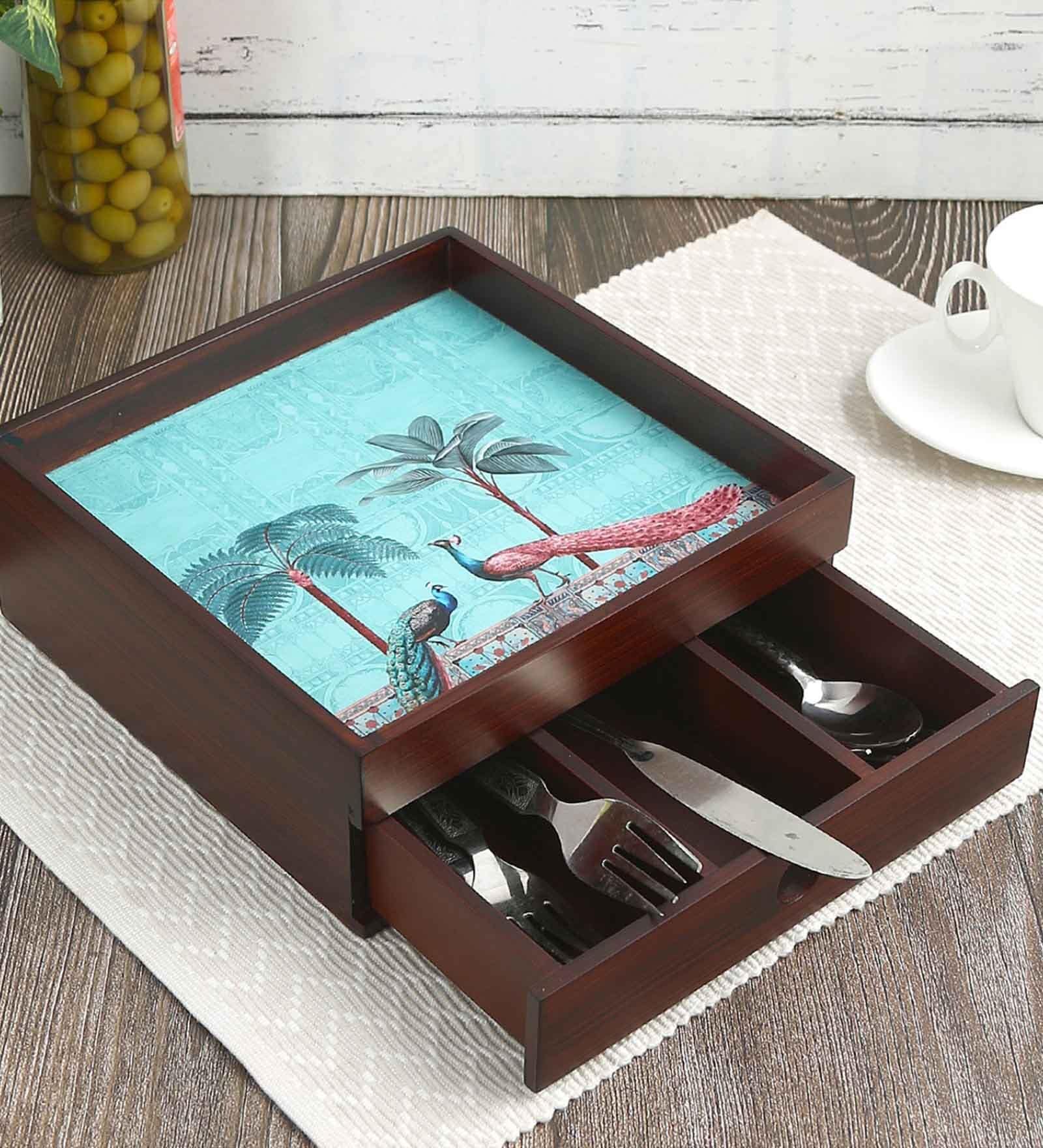 Peacock  Brown MDF Wood Cutlery Holder