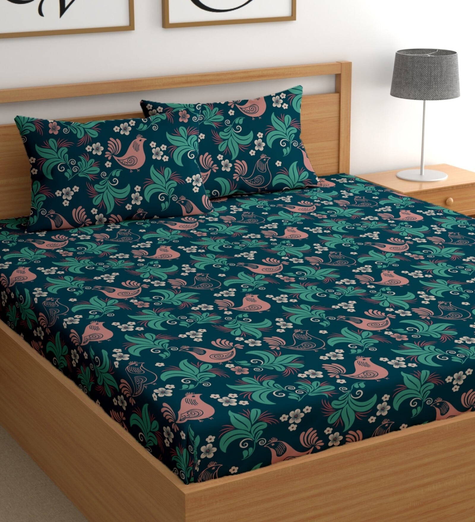 Peacock 180 TC Floral Cotton Queen Double Bedsheet 2 Pillow covers