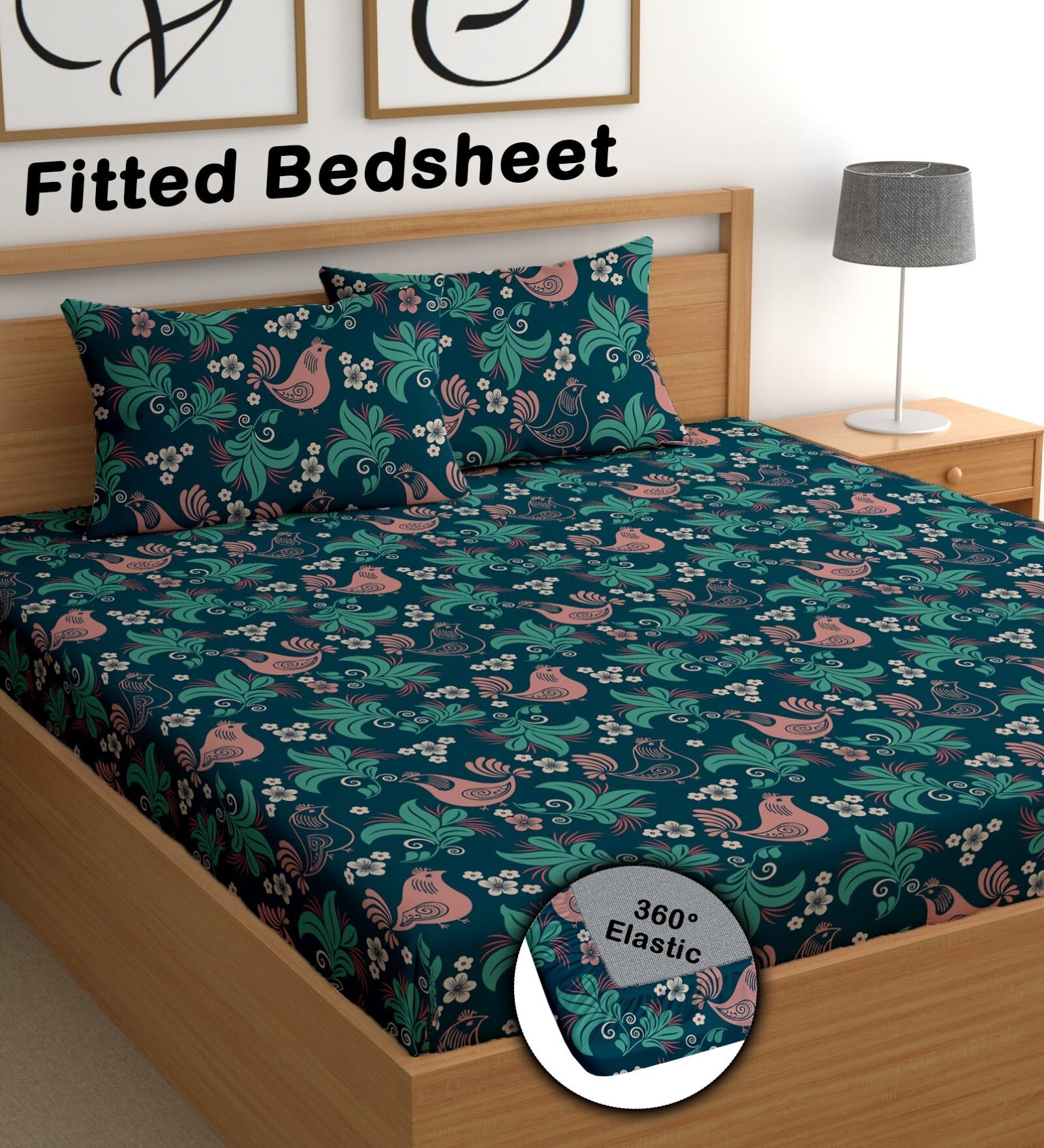 Peacock 180 TC Floral Cotton Fitted Double Bedsheet 2 Pillow covers