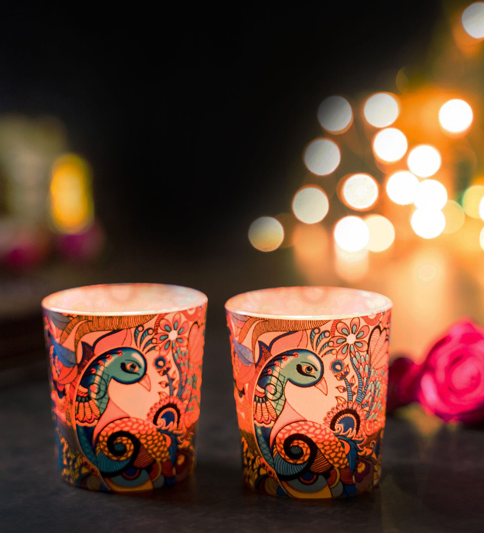 Peacock Admiration Glass Table Tea Light Holder Set Of 2