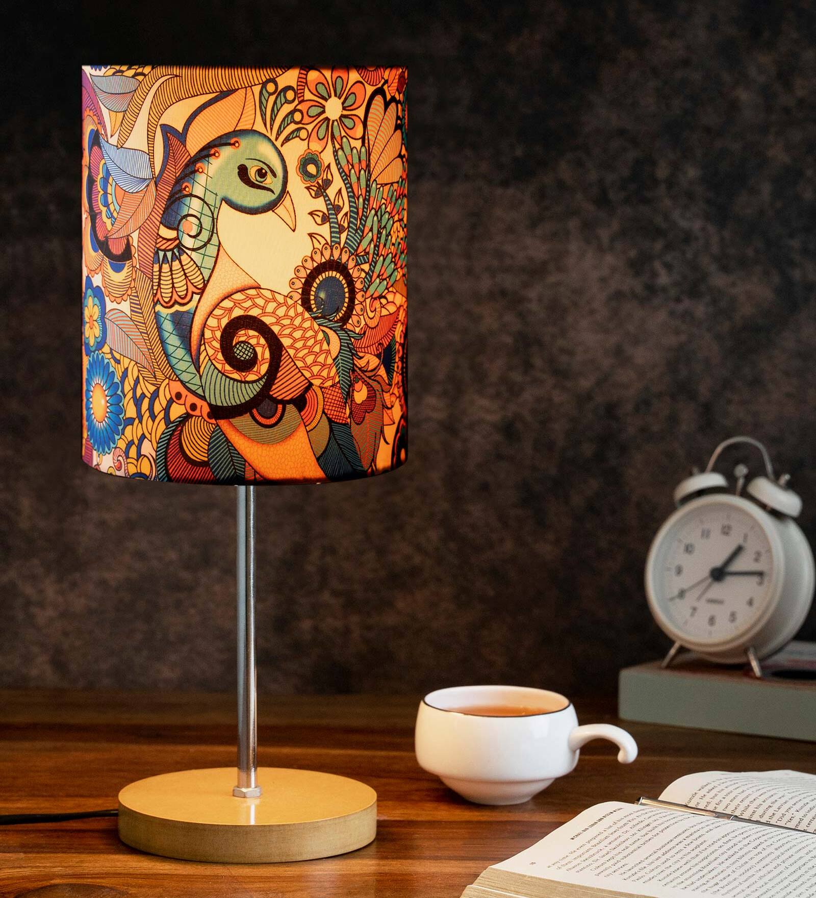 Areum Multicolour Poly Cotton Shade Night Lamp With Iron & Wood Base