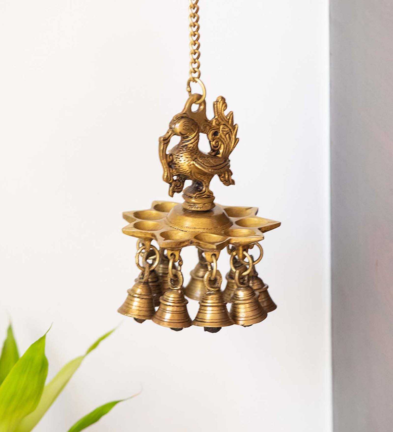 Peacock Bliss Hand-Etched Gold Brass Decorative Wall Hanging Diyas With Bells