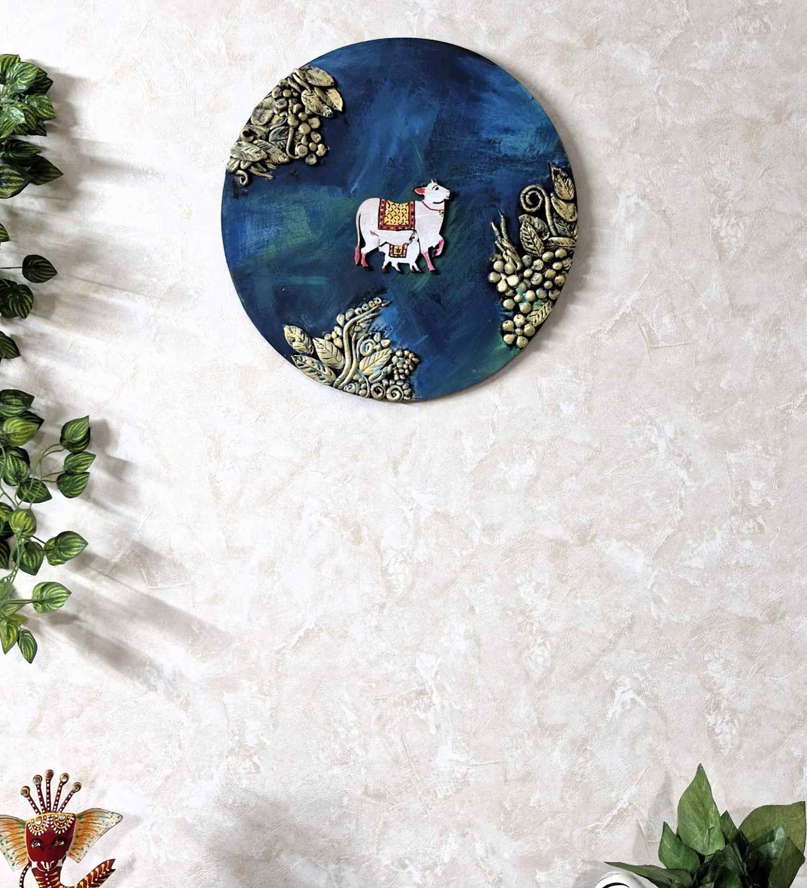 Peacock Blue Colour Engineered Wood 15 Inch Cow Wall Art With 3D Clay Work