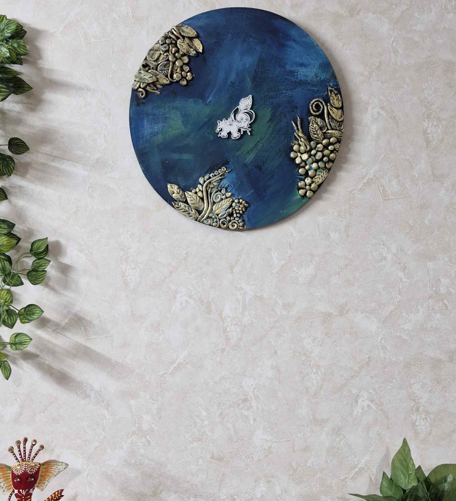Peacock Blue Colour Engineered Wood 15 Inch Krishna Wall Art With 3D Clay Work