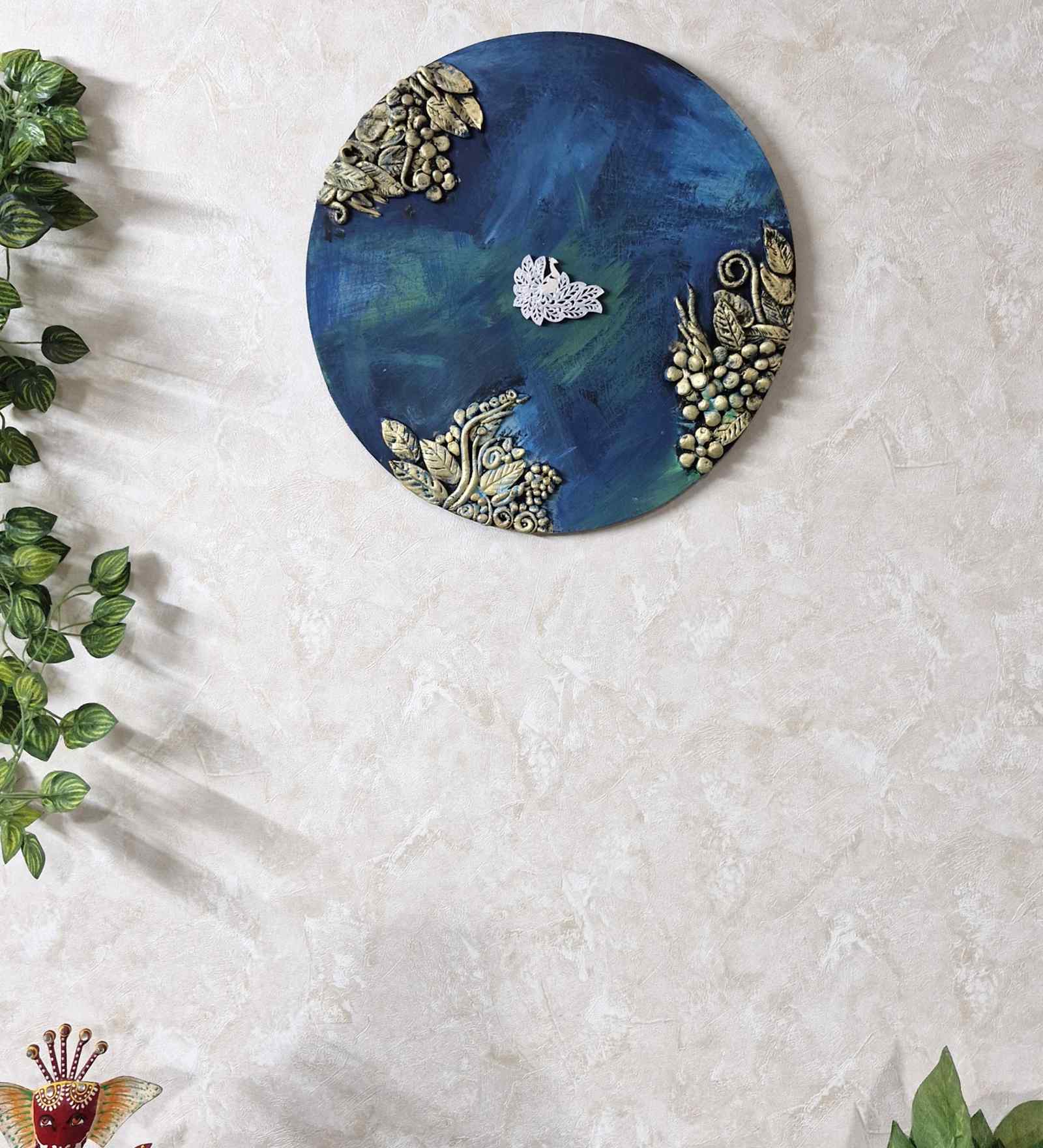 Peacock Blue Colour Engineered Wood 15 Inch Peacock Wall Art With 3D Clay Work