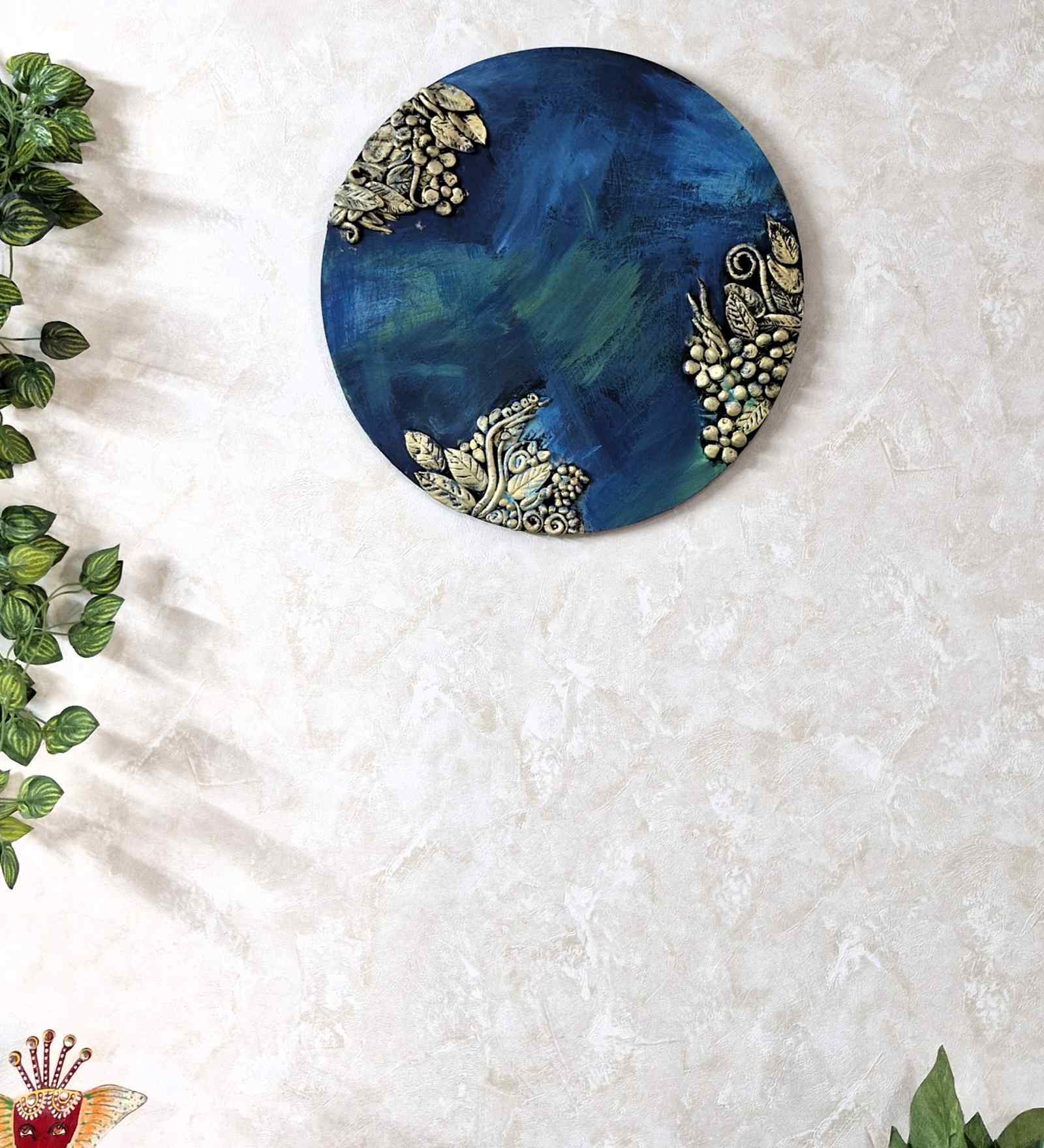 Peacock Blue Colour Engineered Wood 15 Inch Wall Art With 3D Clay Work