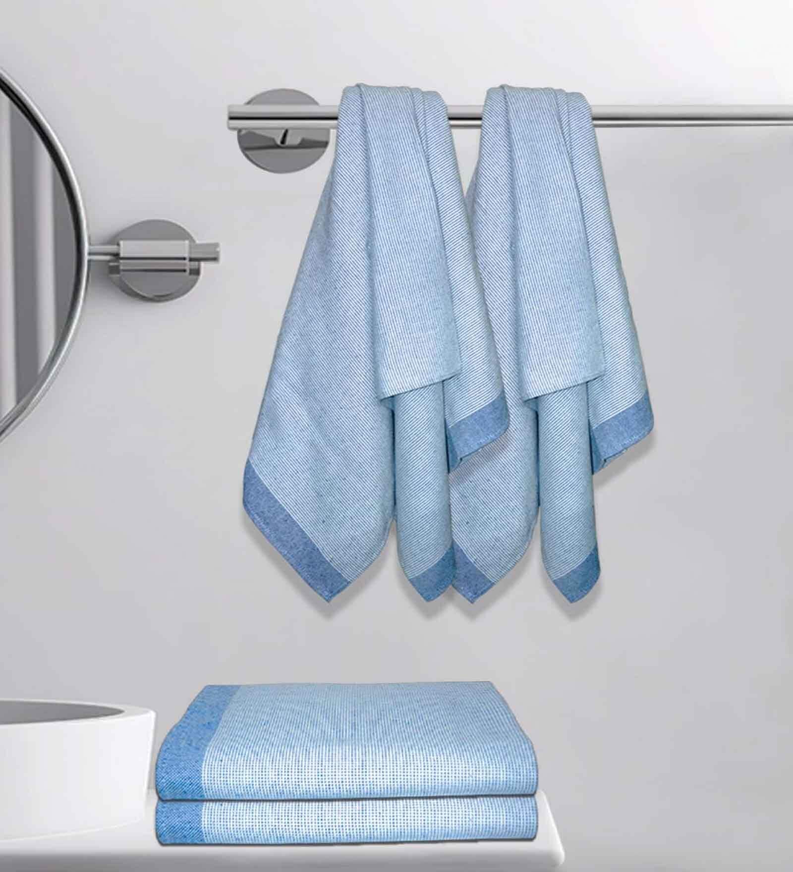 Peacock Blue Cotton Striped 220 GSM Bath Towels 4 Pc