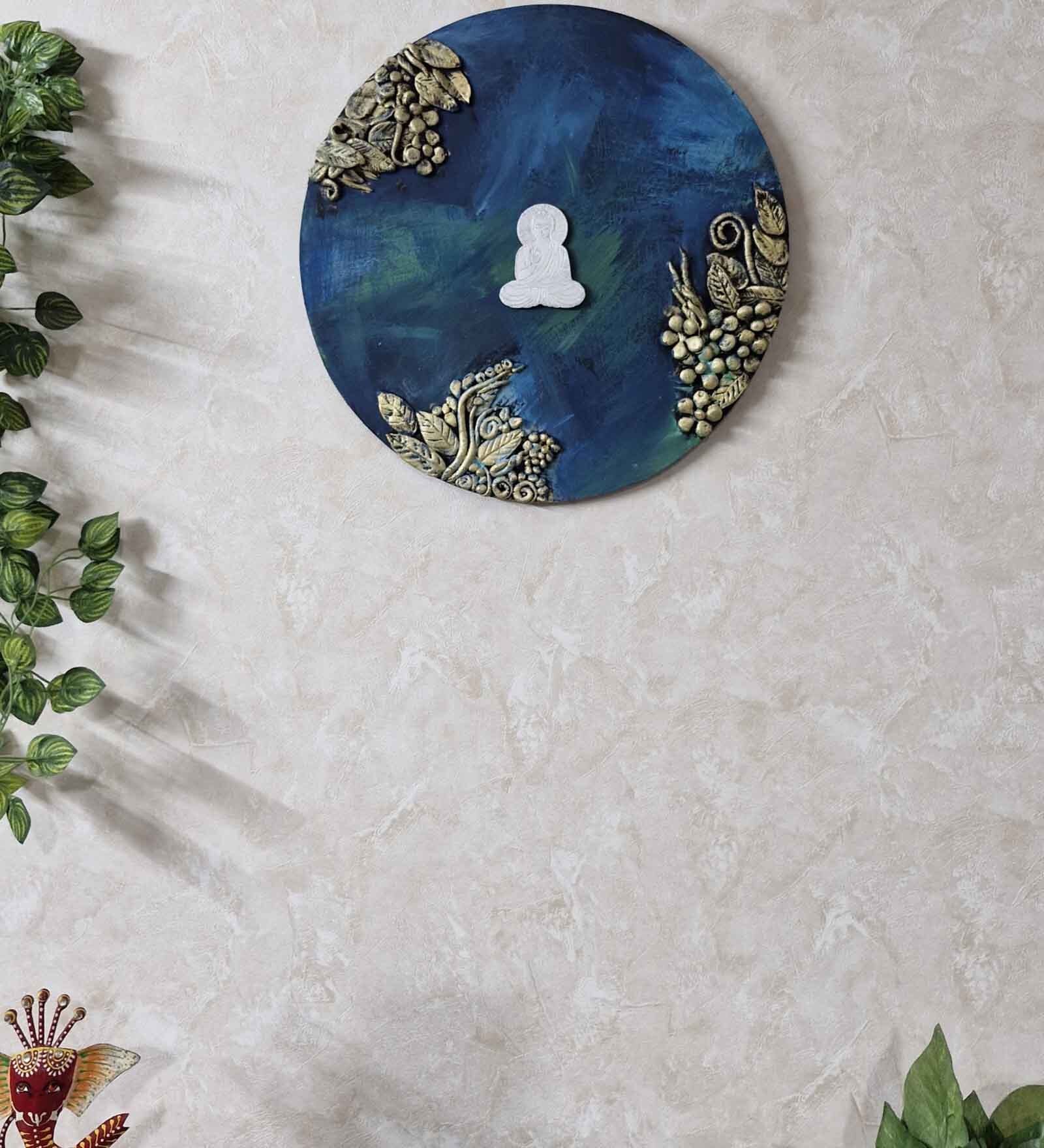 Peacock blue Engineered Wood 15 Inch Buddha Ji Wall Art with 3D Clay Work
