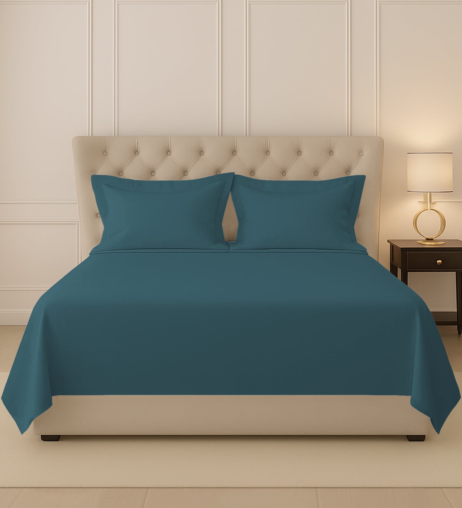 Peacock Blue Solid 400 TC Cotton King Sized Bedsheet with 2 Pillow Covers