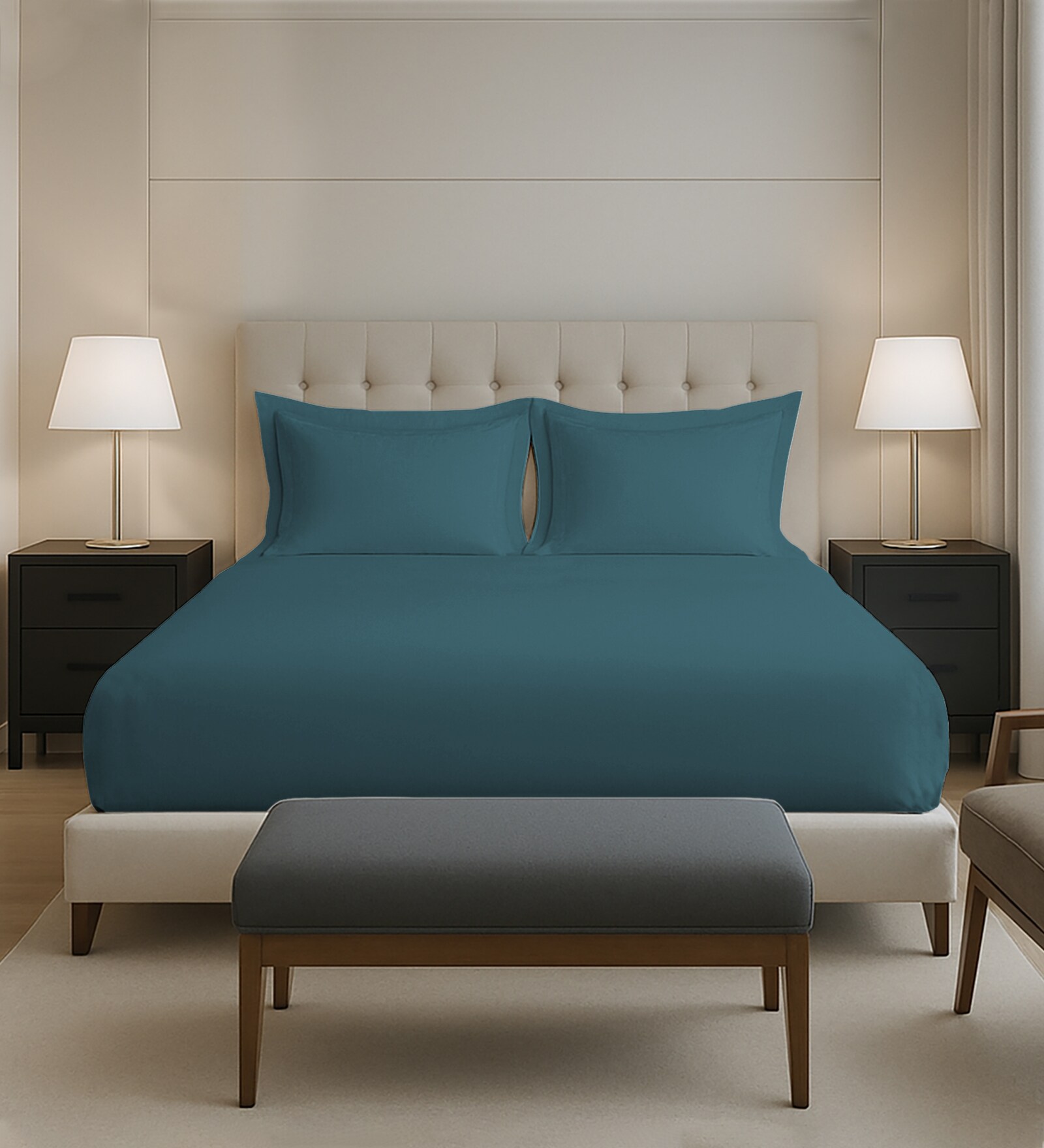 Peacock Blue Solid 400 TC Cotton Queen Sized Fitted sheet with 2 Pillow Covers