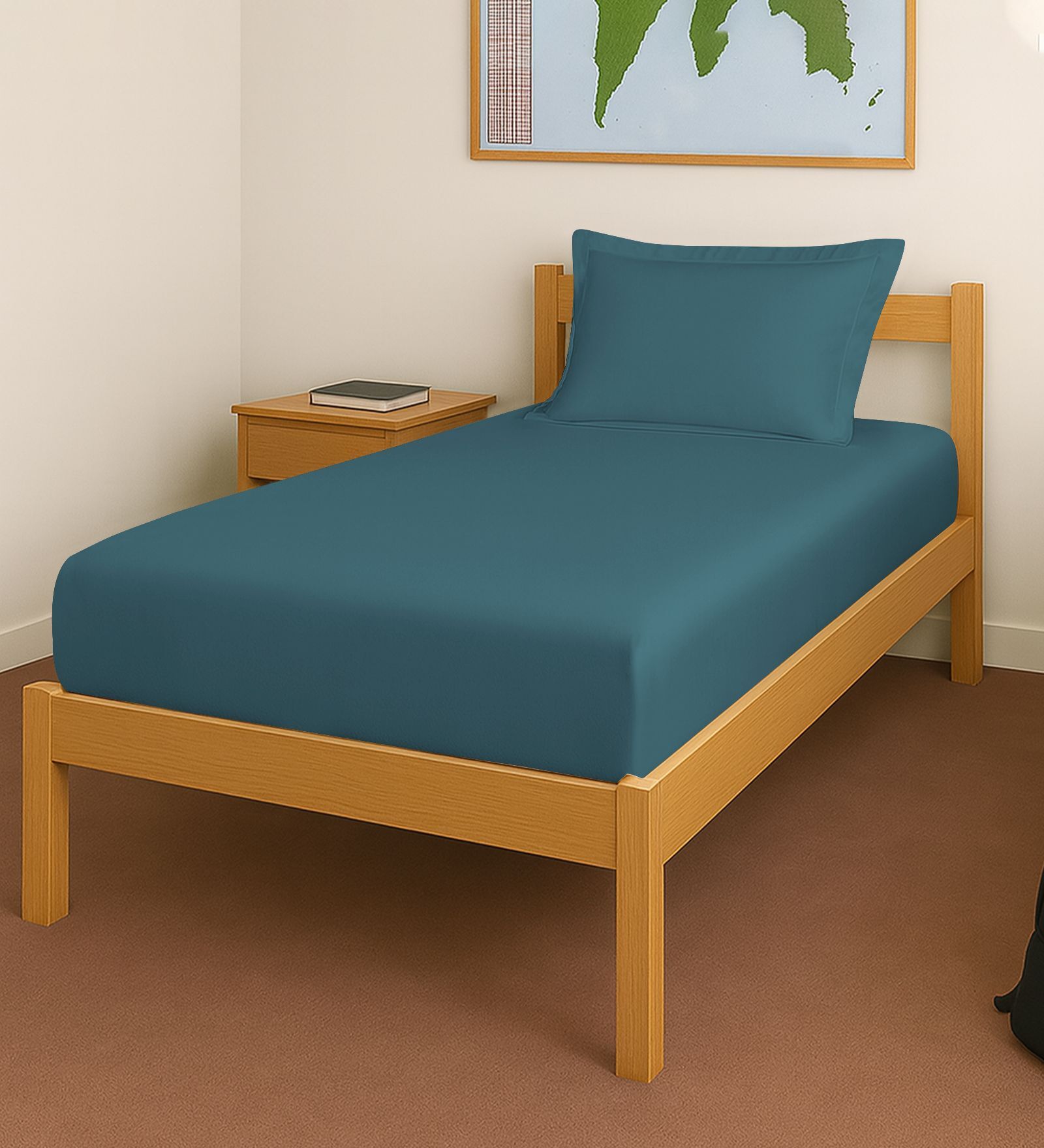 Peacock Blue Solid 400 TC Cotton Single Sized Fitted sheet with 1 Pillow Cover