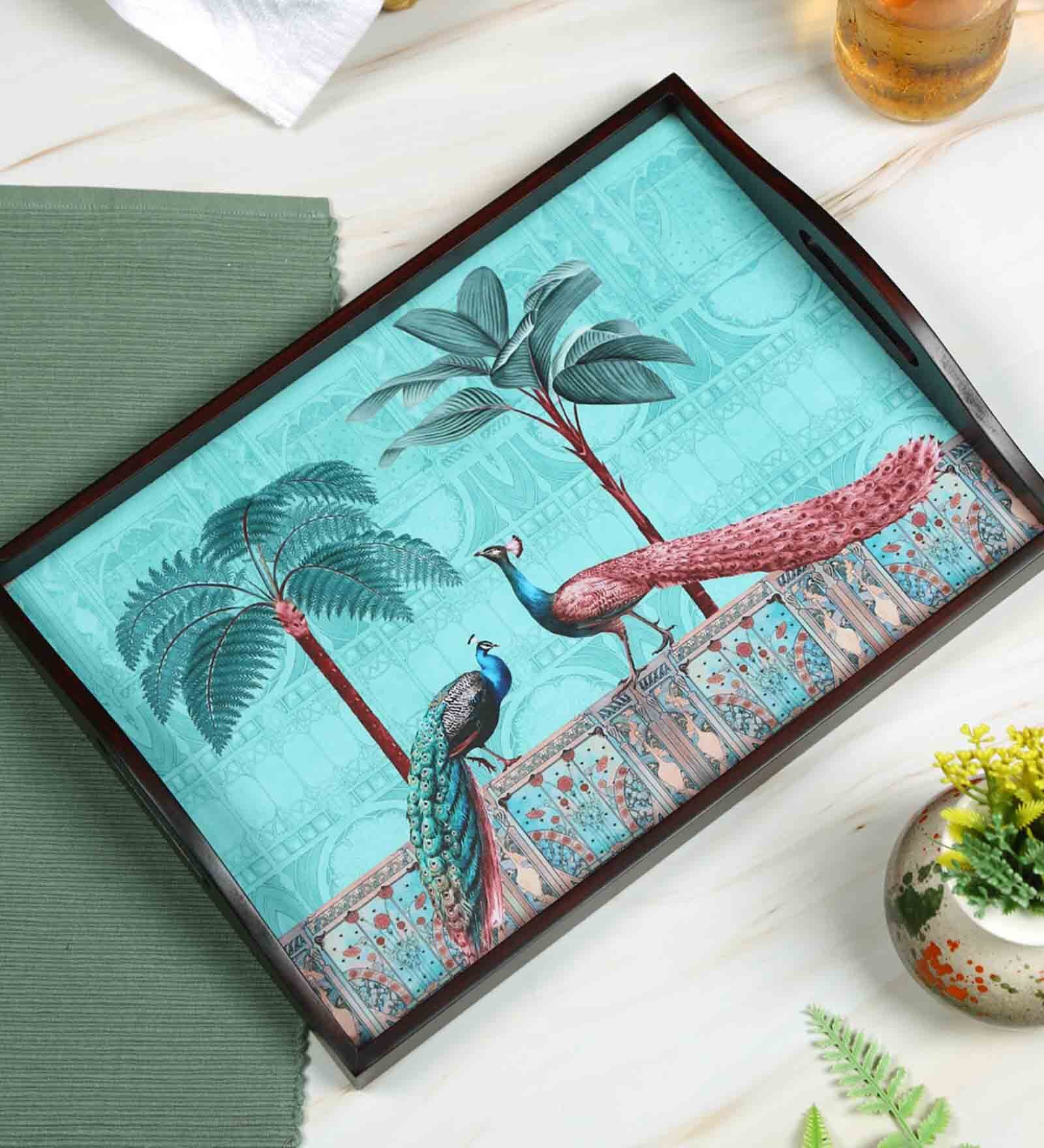 Peacock Brown Teak Wood & MDF Serving Tray Reinvention factory