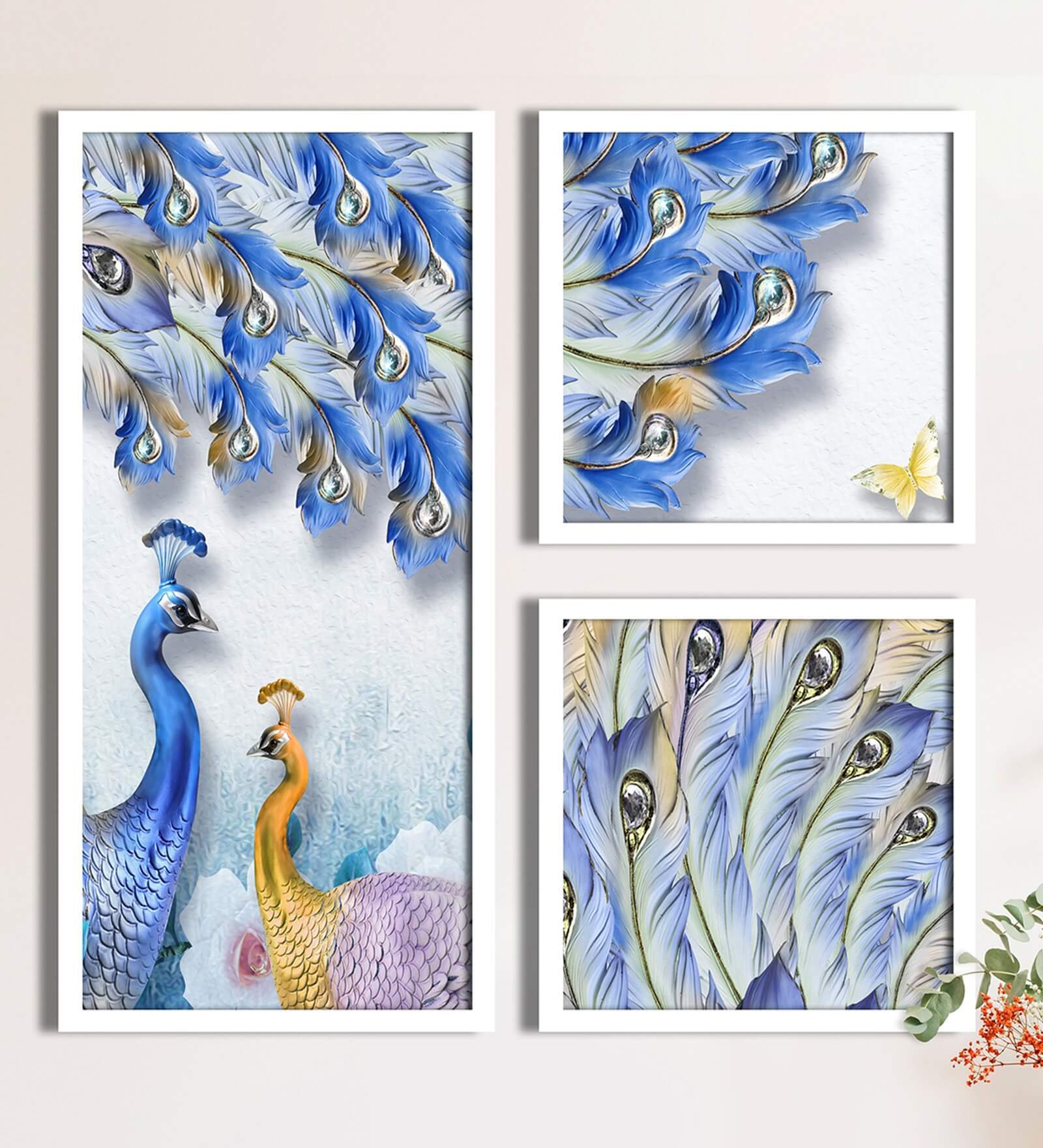 Peacock Plastic White Plastic Framed Wildlife Art Panels