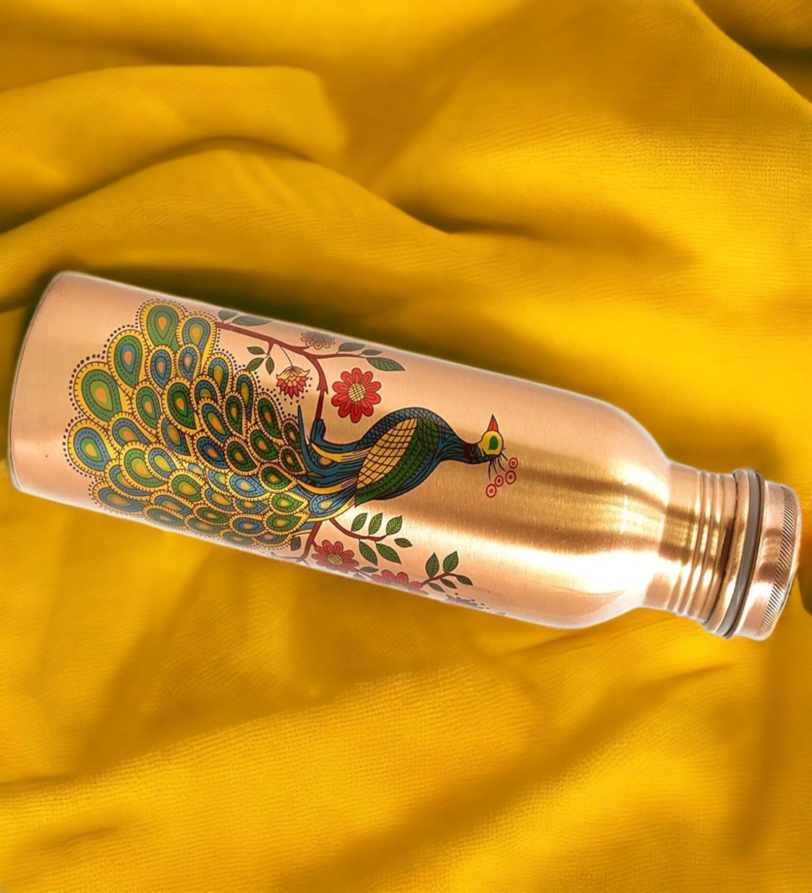 Peacock Design 1 Ltr Leak Proof Pure Copper Water Bottle Set with 2 Glasses
