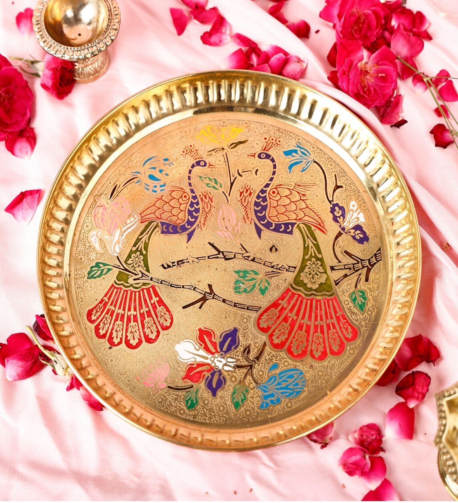 Peacock Designer Golden Brass Pooja Thali Set of 2